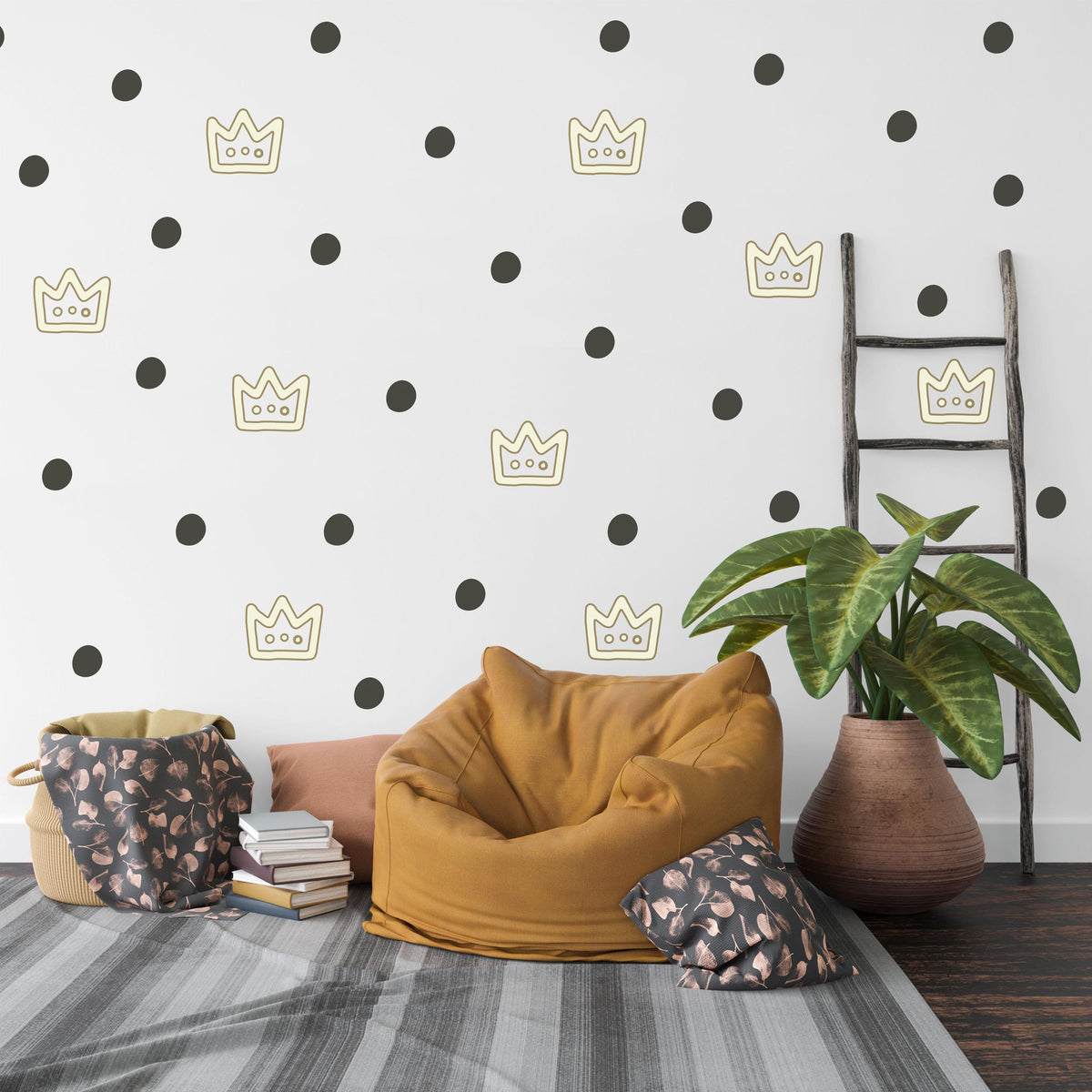 Crown Wall Stickers, Gold Crown Polka Dot Nursery Decor, Prince Princess Wall Decals, Kids Room Baby Neutral Peel and Stick Wall Art