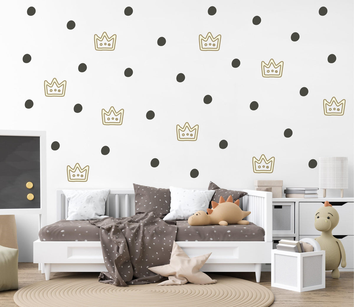 Crown Wall Stickers, Gold Crown Polka Dot Nursery Decor, Prince Princess Wall Decals, Kids Room Baby Neutral Peel and Stick Wall Art