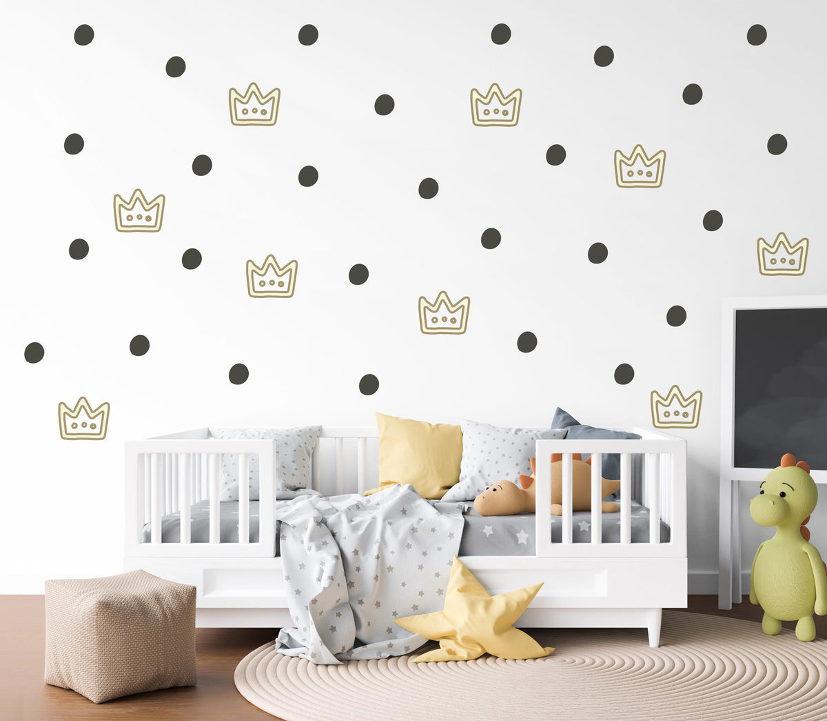 Crown Wall Stickers, Gold Crown Polka Dot Nursery Decor, Prince Princess Wall Decals, Kids Room Baby Neutral Peel and Stick Wall Art