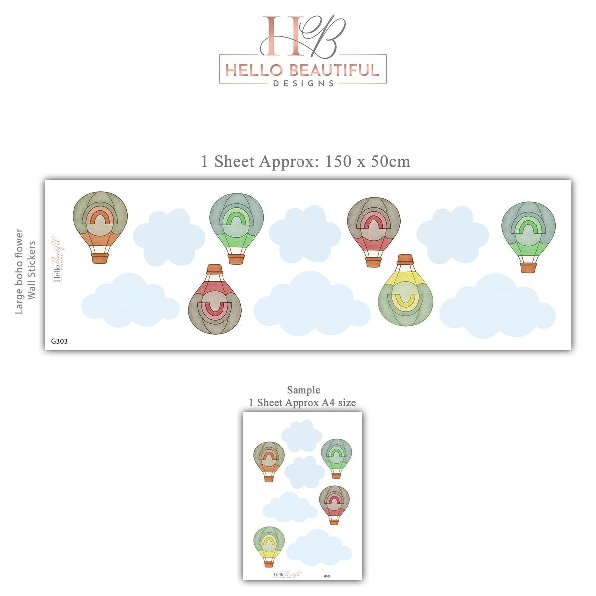 Hot Air Balloon Wall Stickers, Cloud and Rainbow Nursery Decor, Boho Balloon Wall Decals, Kids Room, Peel and Stick