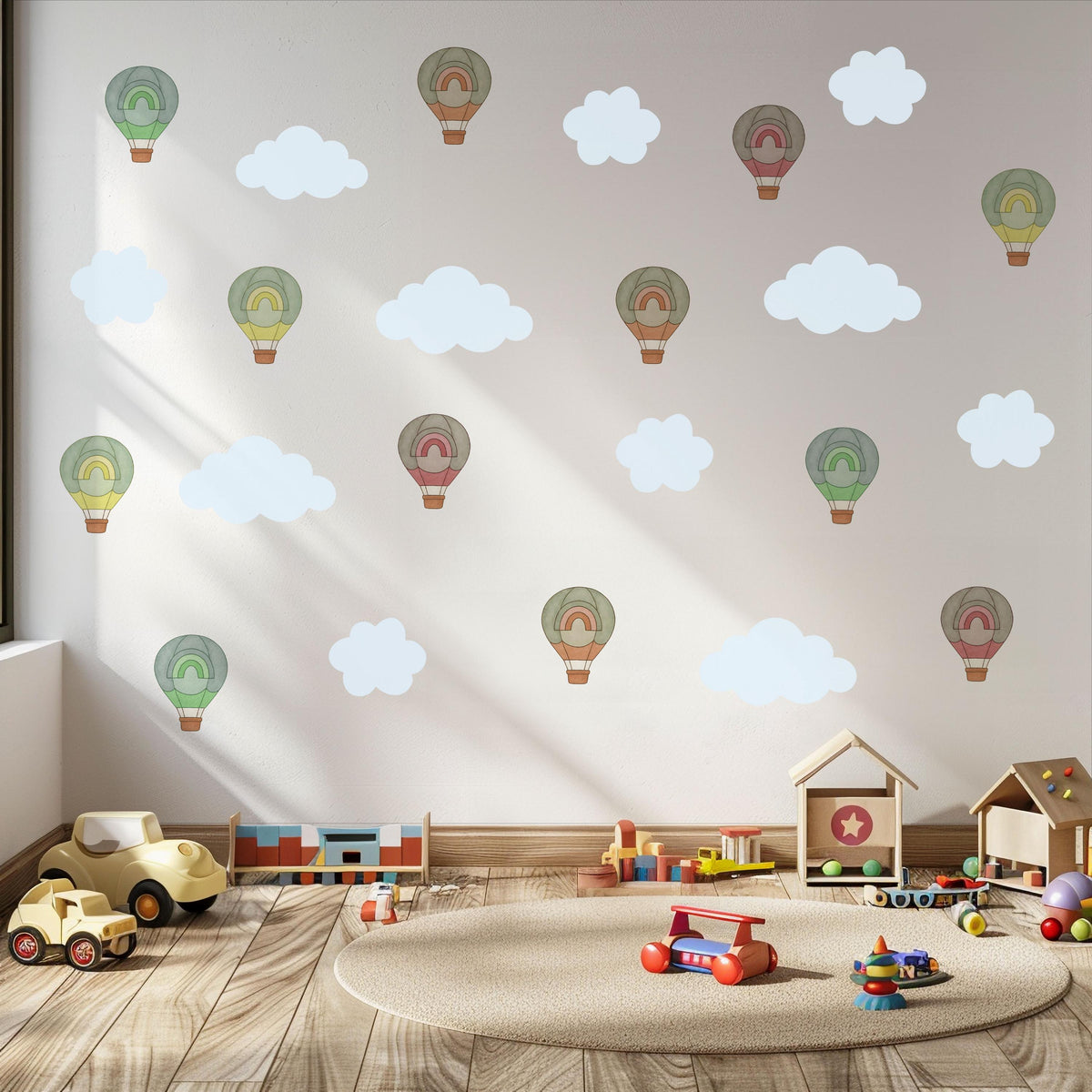 Hot Air Balloon Wall Stickers, Cloud and Rainbow Nursery Decor, Boho Balloon Wall Decals, Kids Room, Peel and Stick