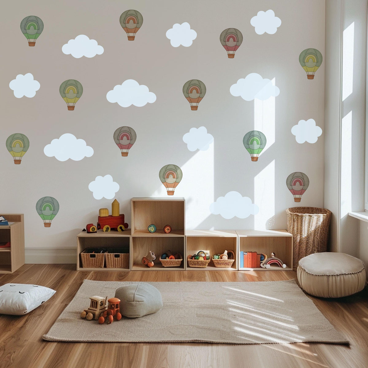 Hot Air Balloon Wall Stickers, Cloud and Rainbow Nursery Decor, Boho Balloon Wall Decals, Kids Room, Peel and Stick