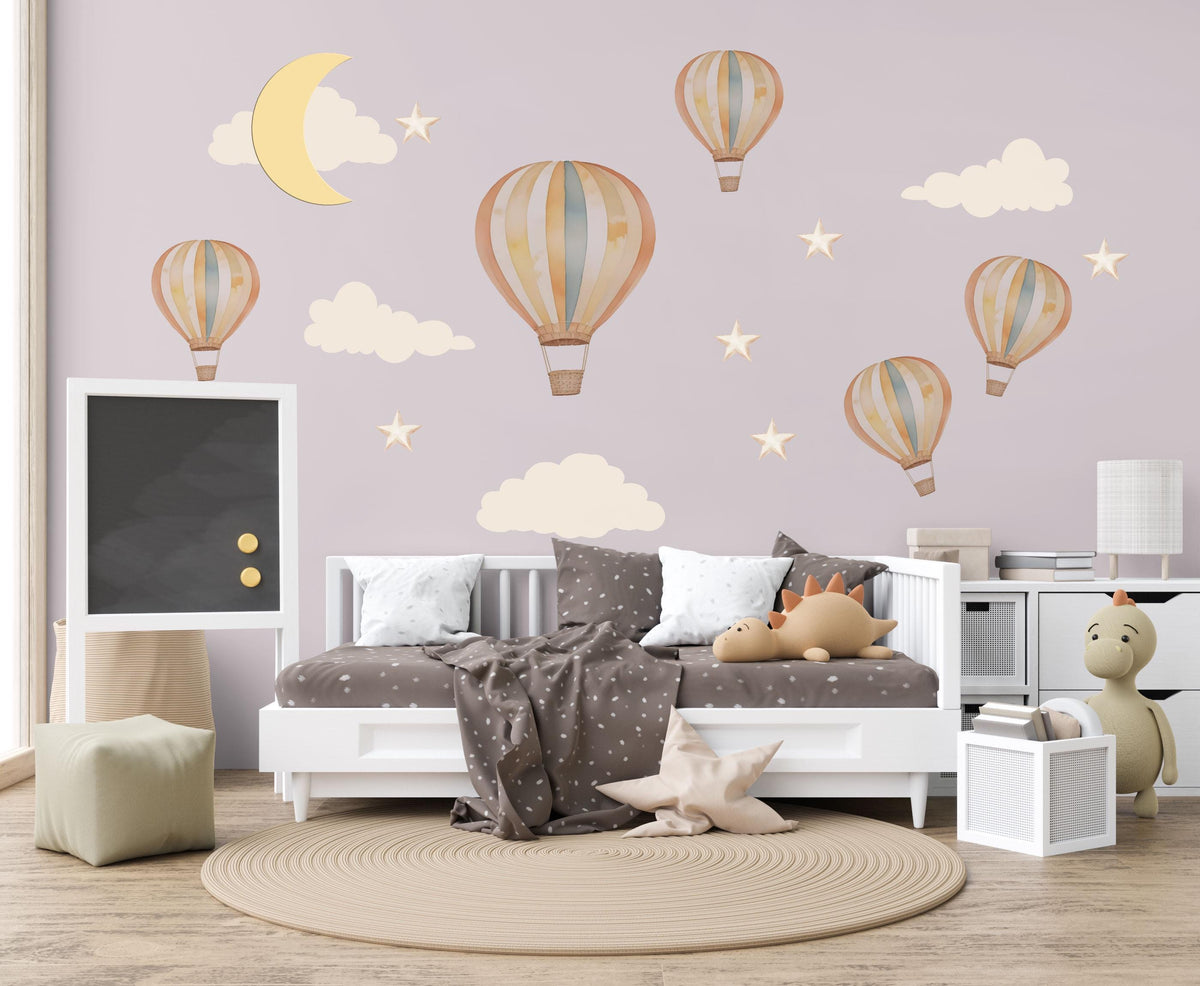 Hot Air Balloon Wall Stickers, Moon Star Cloud Nursery Decor, Dreamy Sky Wall Decals, Gender Neutral Kids Room Peel and Stick Art
