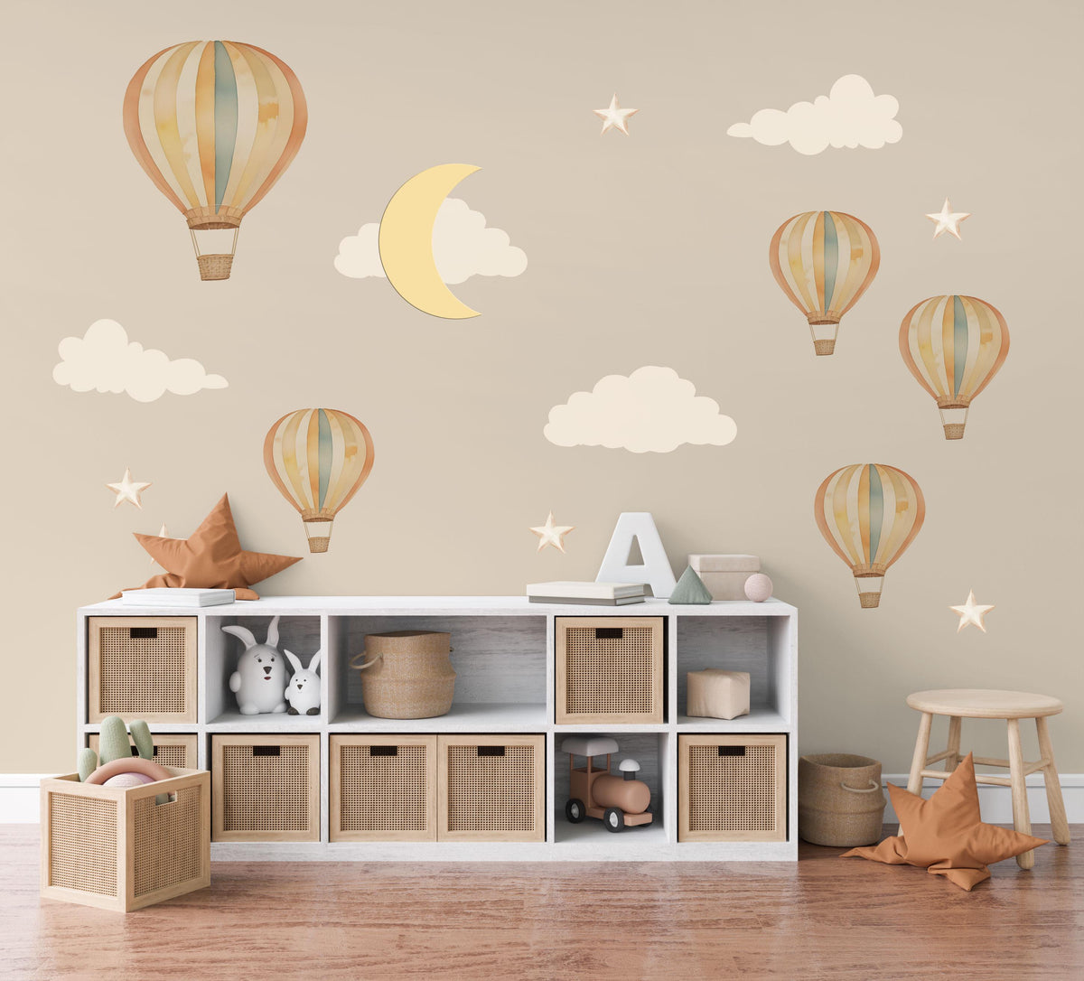 Hot Air Balloon Wall Stickers, Moon Star Cloud Nursery Decor, Dreamy Sky Wall Decals, Gender Neutral Kids Room Peel and Stick Art