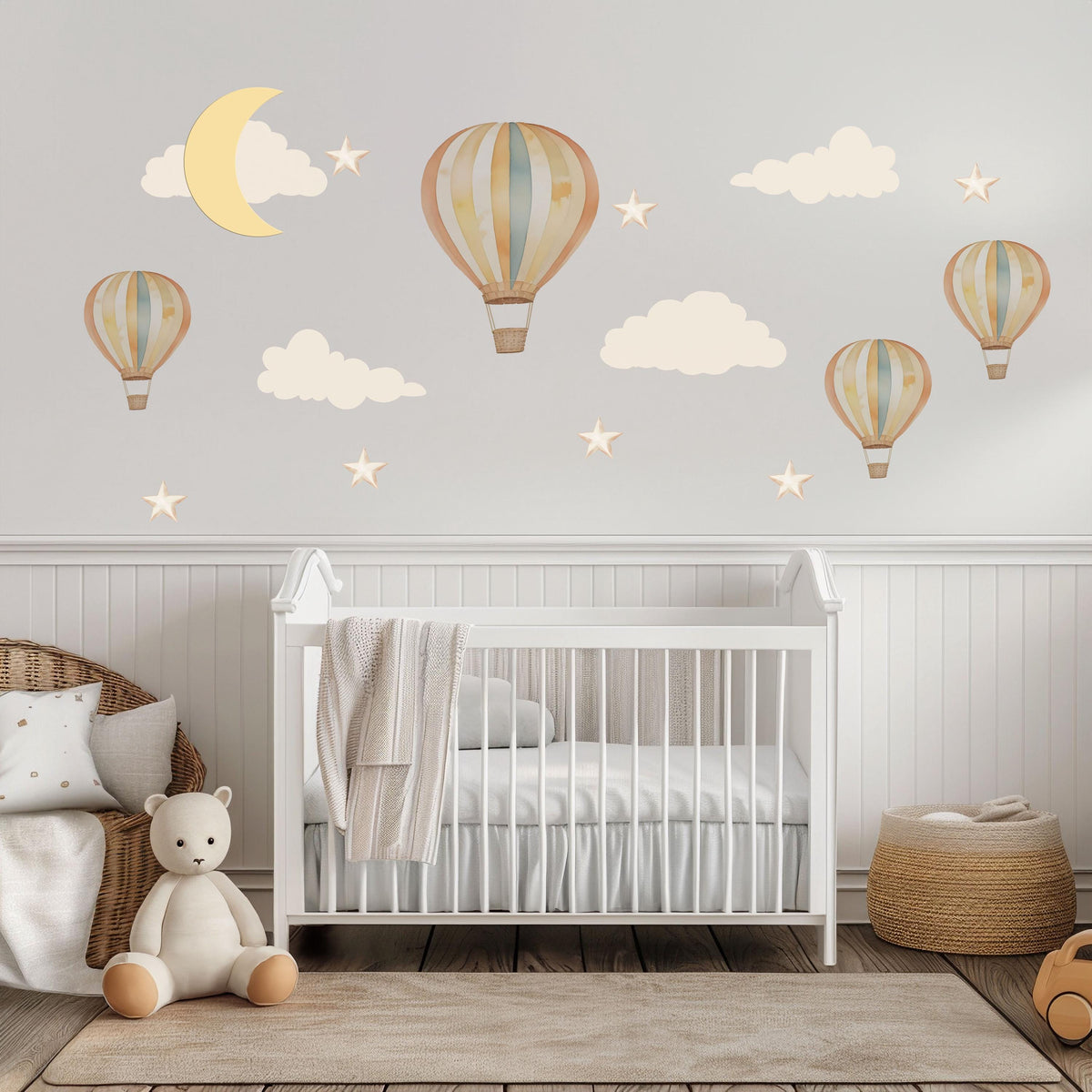 Hot Air Balloon Wall Stickers, Moon Star Cloud Nursery Decor, Dreamy Sky Wall Decals, Gender Neutral Kids Room Peel and Stick Art