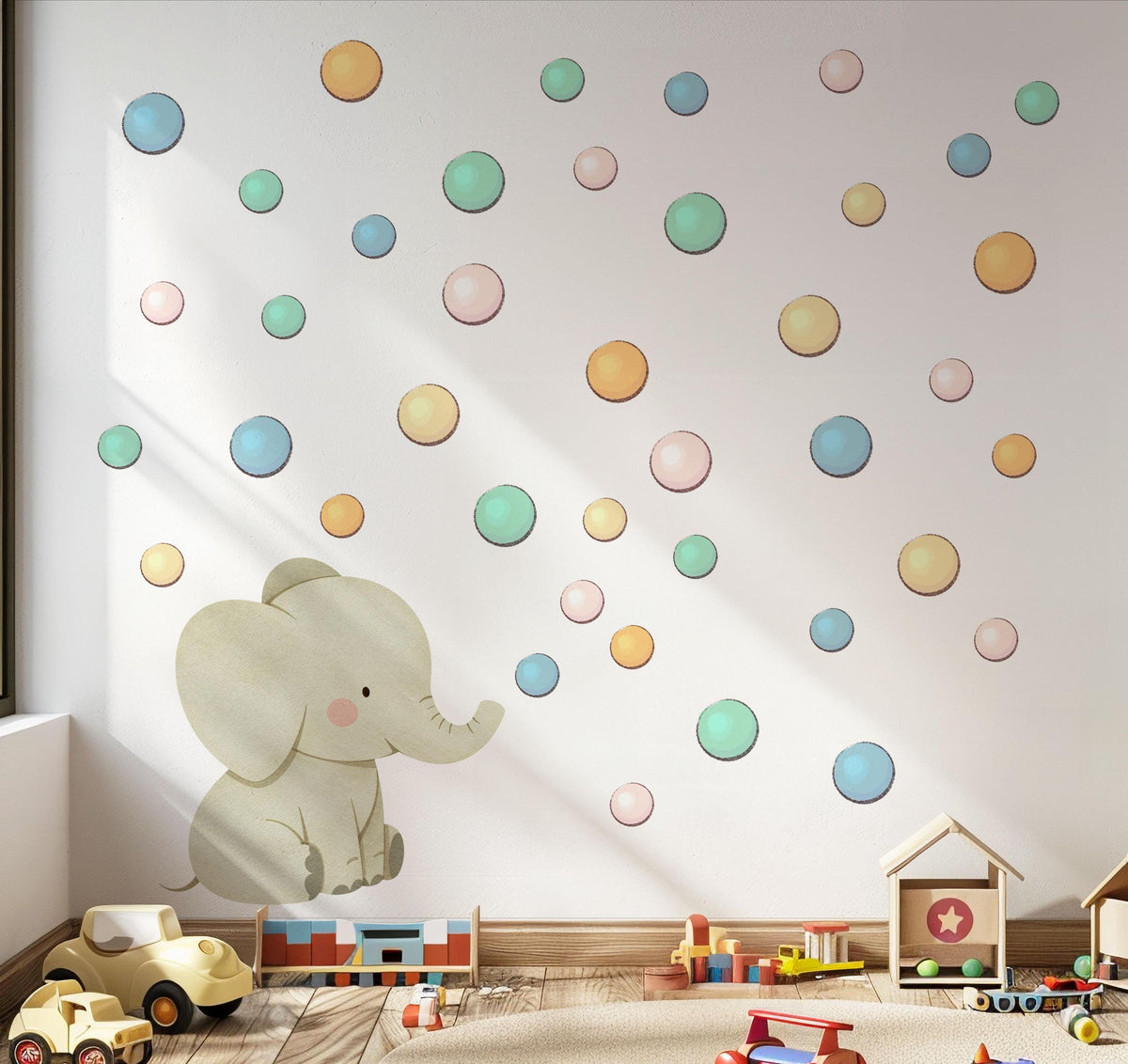 Elephant Wall Stickers, Colourful Polka Dot Nursery Decor, Safari Elephant Wall Decals, Kids Room, Peel and Stick