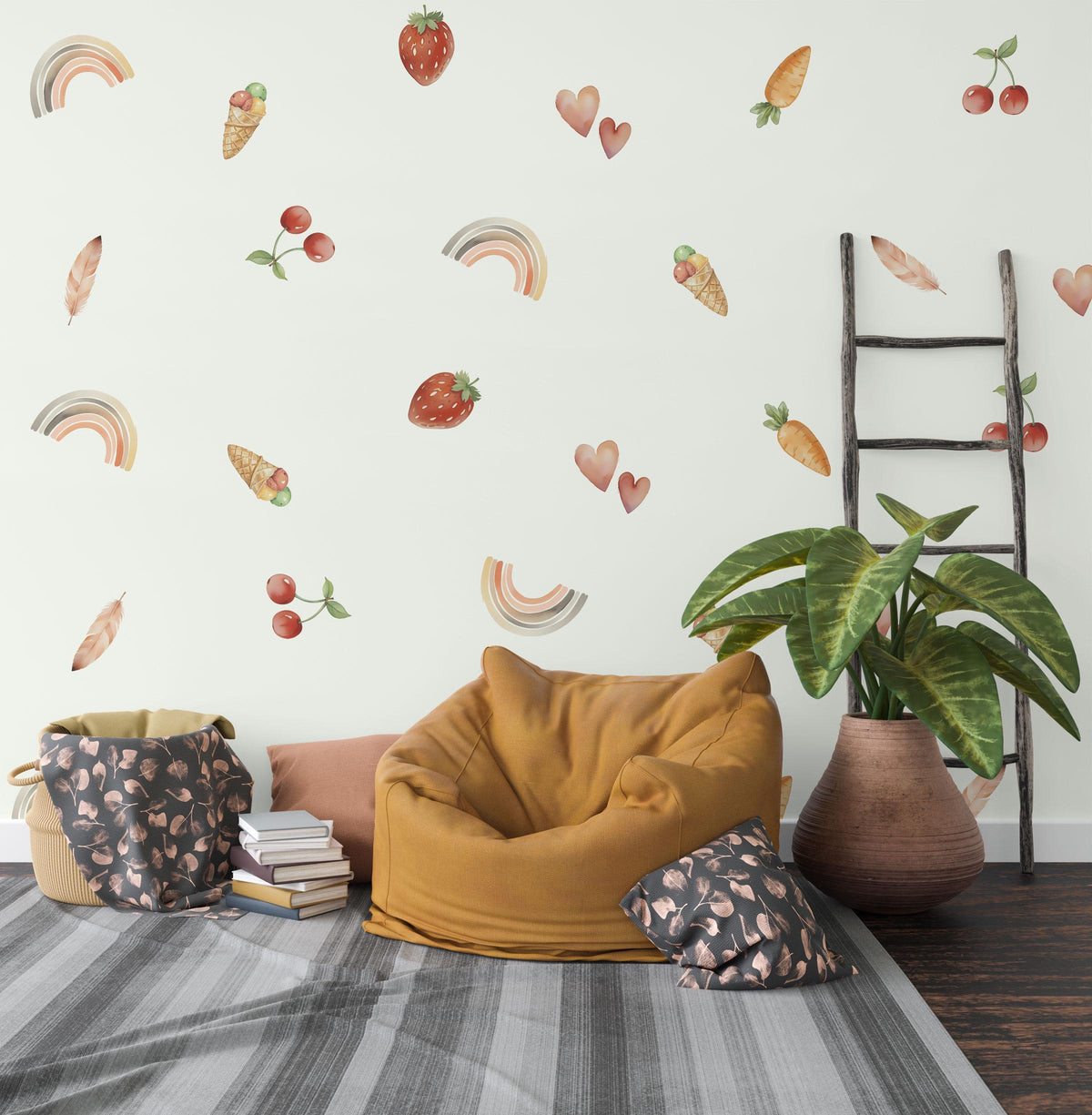 Boho Fruit Wall Stickers, Strawberry Cherry Nursery Decor, Rainbow Heart Wall Decals, Kids Room Cottagecore Baby Peel and Stick Art