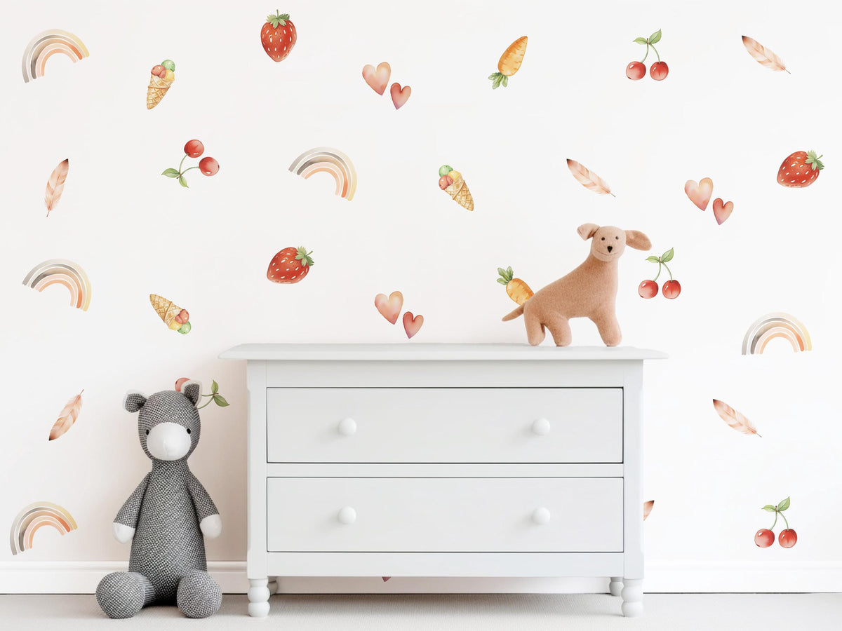 Boho Fruit Wall Stickers, Strawberry Cherry Nursery Decor, Rainbow Heart Wall Decals, Kids Room Cottagecore Baby Peel and Stick Art
