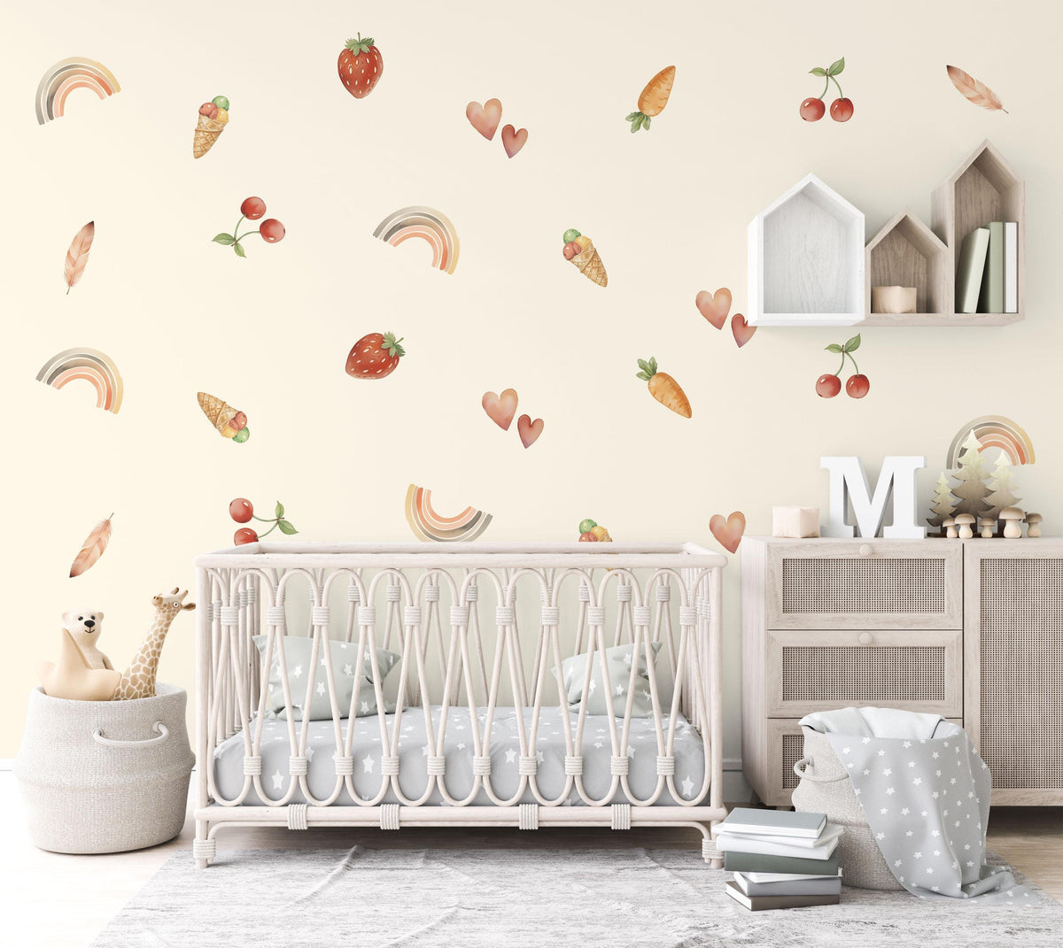 Boho Fruit Wall Stickers, Strawberry Cherry Nursery Decor, Rainbow Heart Wall Decals, Kids Room Cottagecore Baby Peel and Stick Art