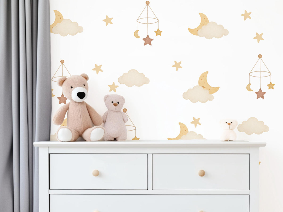 Moon and Stars Wall Stickers, Cloud Nursery Decor, Boho Neutral Sky Wall Decals, Gender Neutral Kids Room Baby Peel and Stick Art