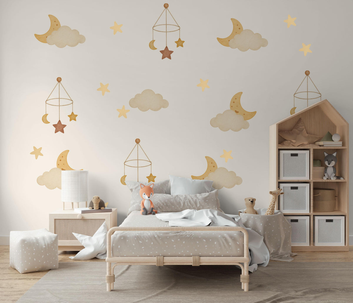 Moon and Stars Wall Stickers, Cloud Nursery Decor, Boho Neutral Sky Wall Decals, Gender Neutral Kids Room Baby Peel and Stick Art