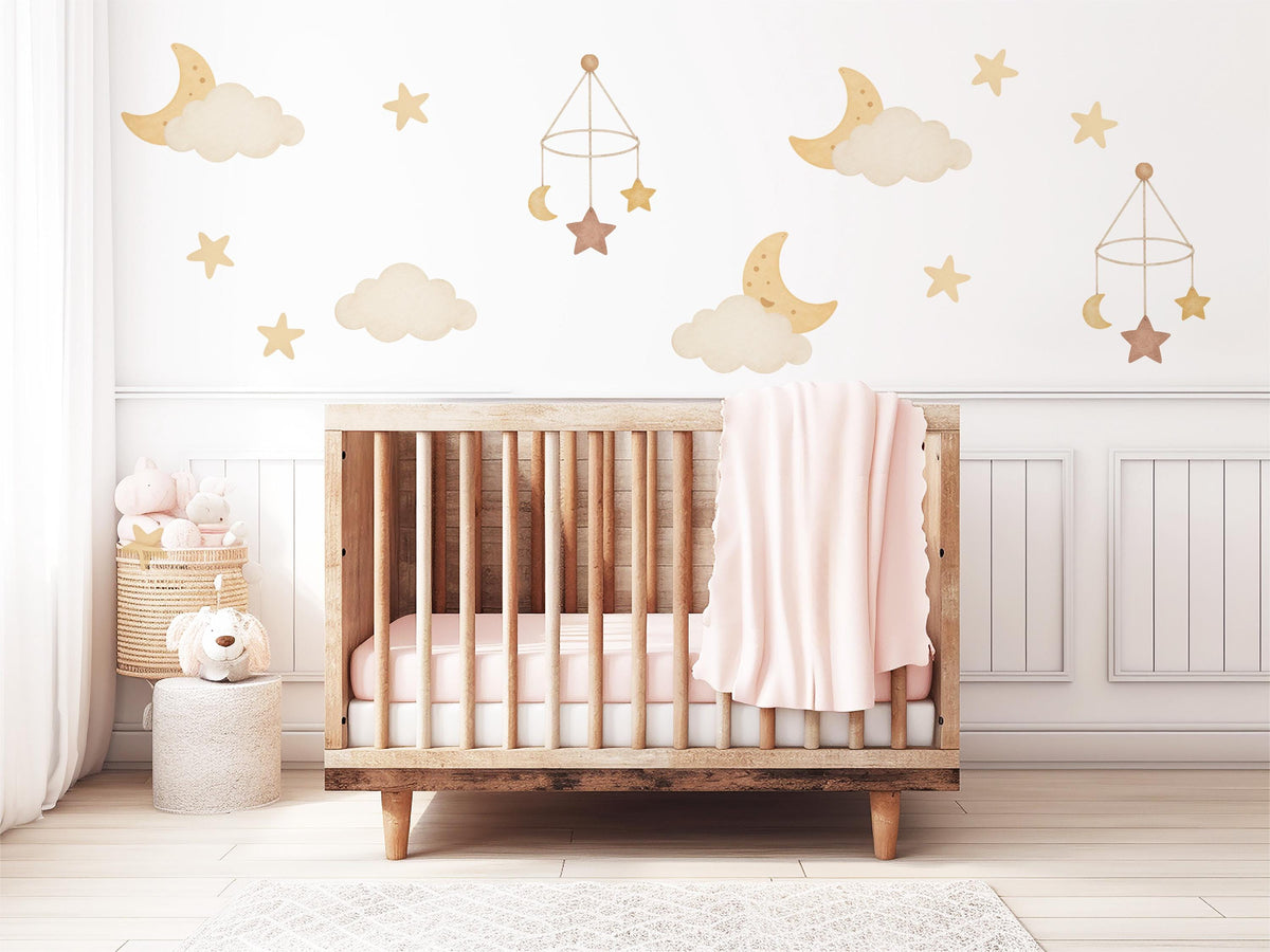Moon and Stars Wall Stickers, Cloud Nursery Decor, Boho Neutral Sky Wall Decals, Gender Neutral Kids Room Baby Peel and Stick Art
