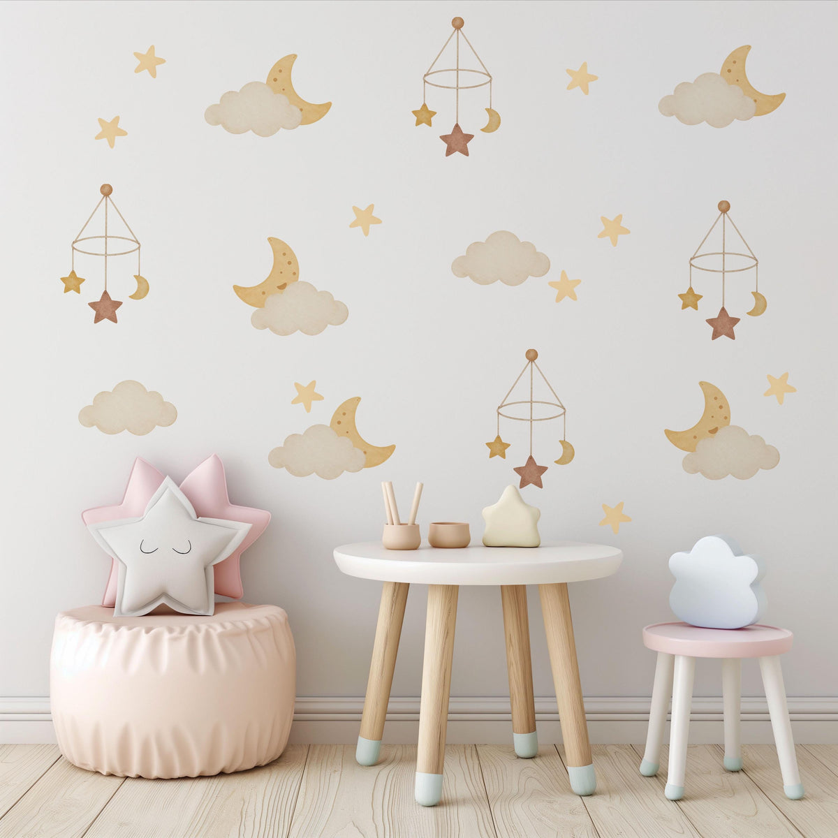 Moon and Stars Wall Stickers, Cloud Nursery Decor, Boho Neutral Sky Wall Decals, Gender Neutral Kids Room Baby Peel and Stick Art