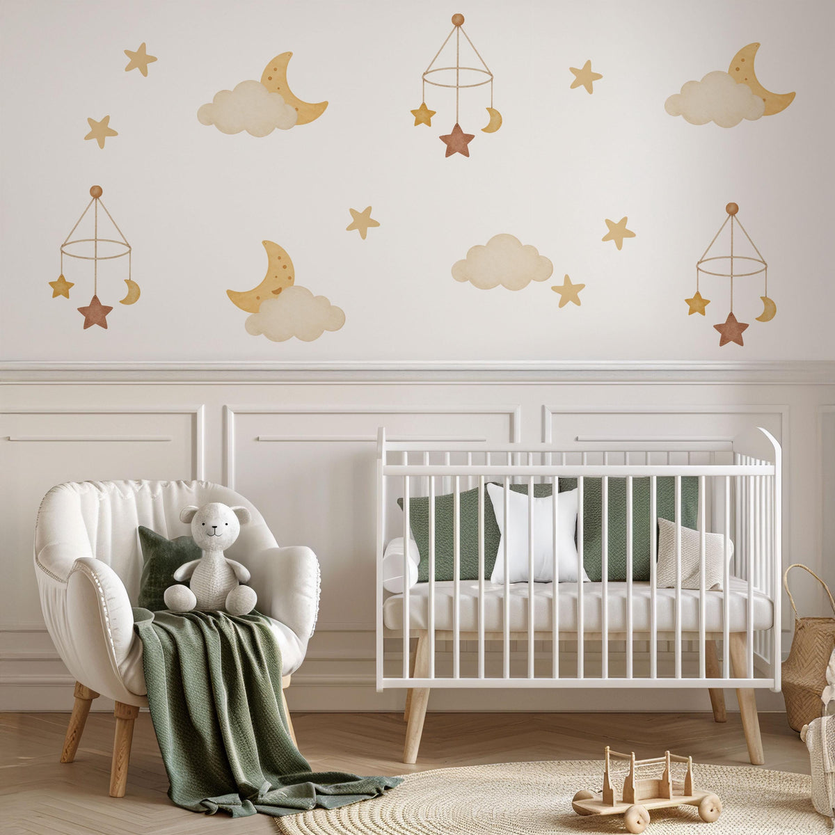 Moon and Stars Wall Stickers, Cloud Nursery Decor, Boho Neutral Sky Wall Decals, Gender Neutral Kids Room Baby Peel and Stick Art