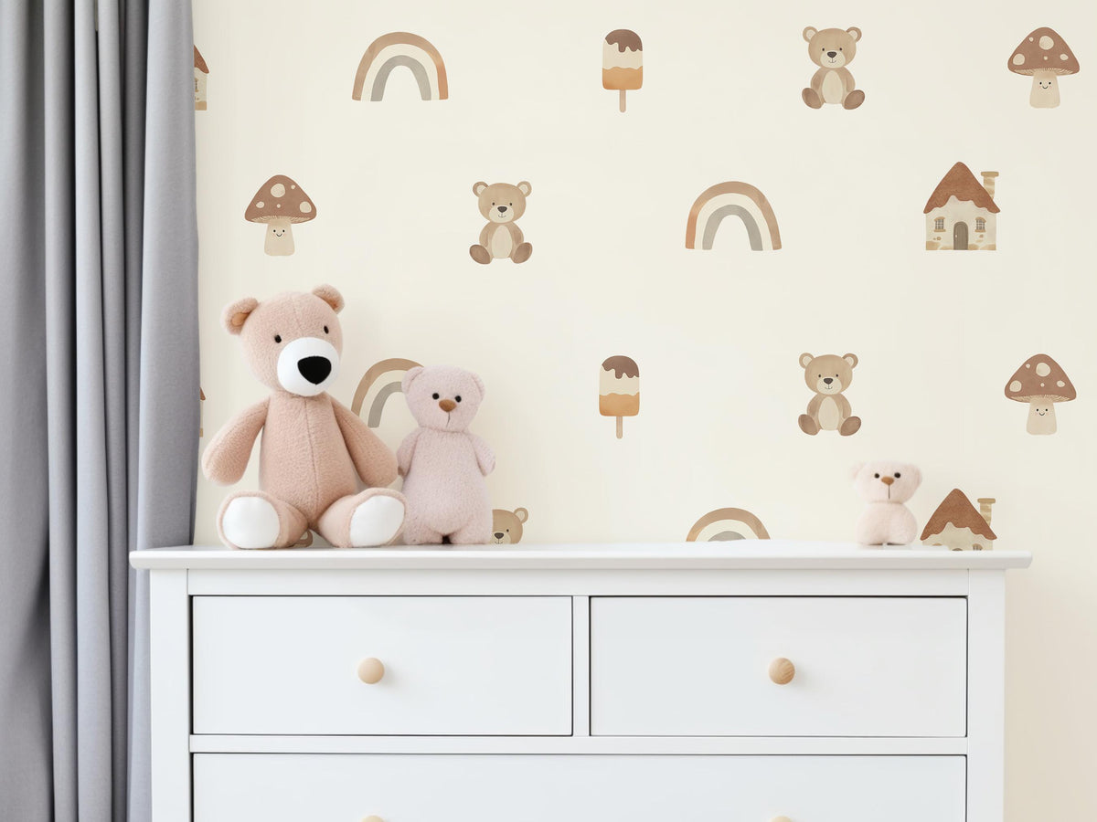 Teddy Bear Wall Stickers, Mushroom and Rainbow Woodland Nursery Decor, Neutral Boho Wall Decals, Peel and Stick