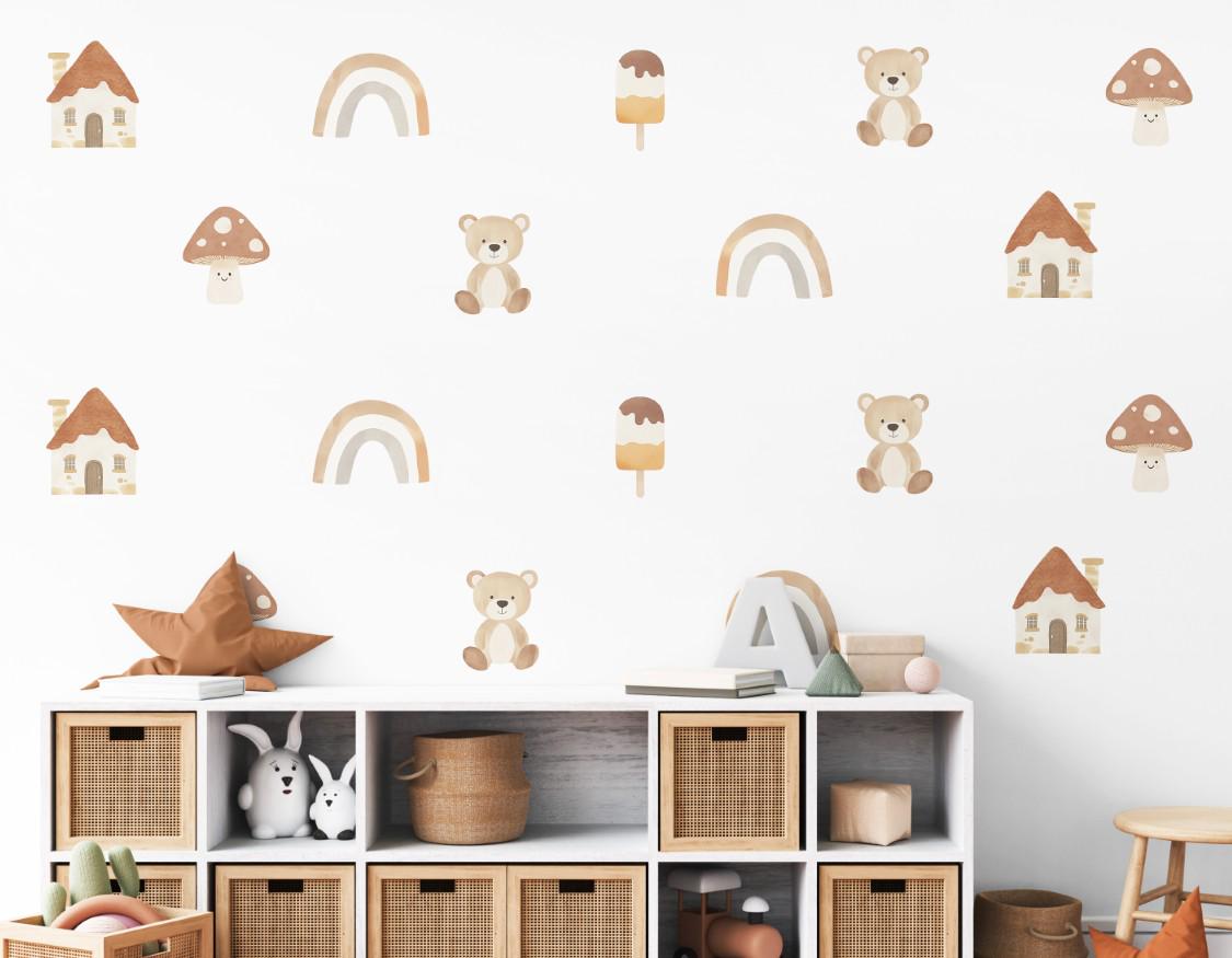 Teddy Bear Wall Stickers, Mushroom and Rainbow Woodland Nursery Decor, Neutral Boho Wall Decals, Peel and Stick