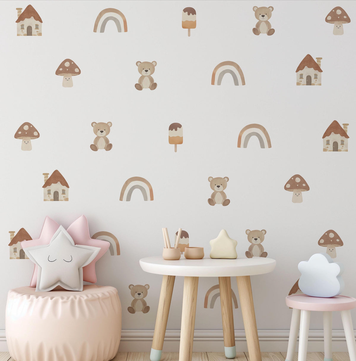 Teddy Bear Wall Stickers, Mushroom and Rainbow Woodland Nursery Decor, Neutral Boho Wall Decals, Peel and Stick