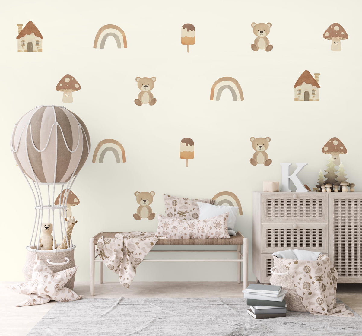 Teddy Bear Wall Stickers, Mushroom and Rainbow Woodland Nursery Decor, Neutral Boho Wall Decals, Peel and Stick