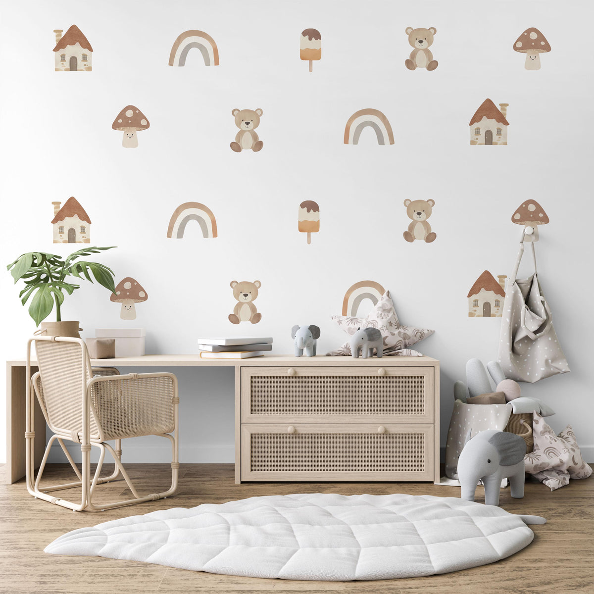 Teddy Bear Wall Stickers, Mushroom and Rainbow Woodland Nursery Decor, Neutral Boho Wall Decals, Peel and Stick