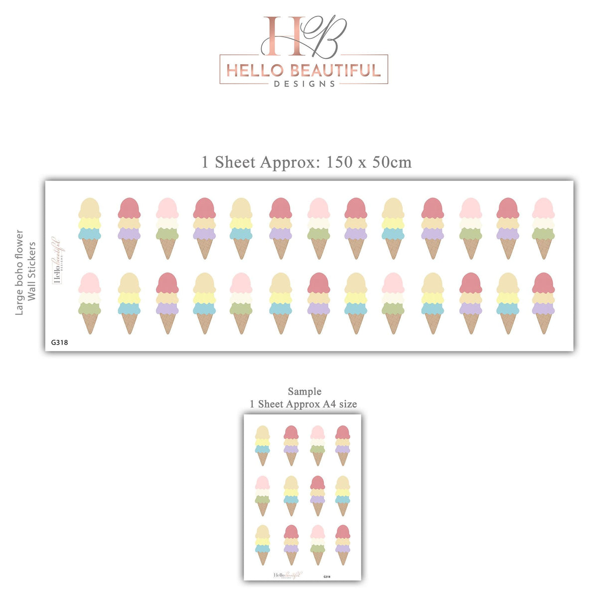 Ice Cream Wall Stickers, Pastel Rainbow Ice Cream Nursery Decor, Cone Wall Decals, Kids Room Playroom Girls Peel and Stick Wall Art
