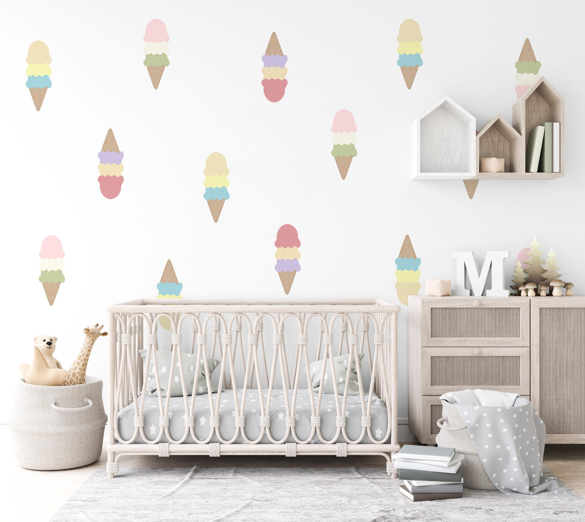 Ice Cream Wall Stickers, Pastel Rainbow Ice Cream Nursery Decor, Cone Wall Decals, Kids Room Playroom Girls Peel and Stick Wall Art