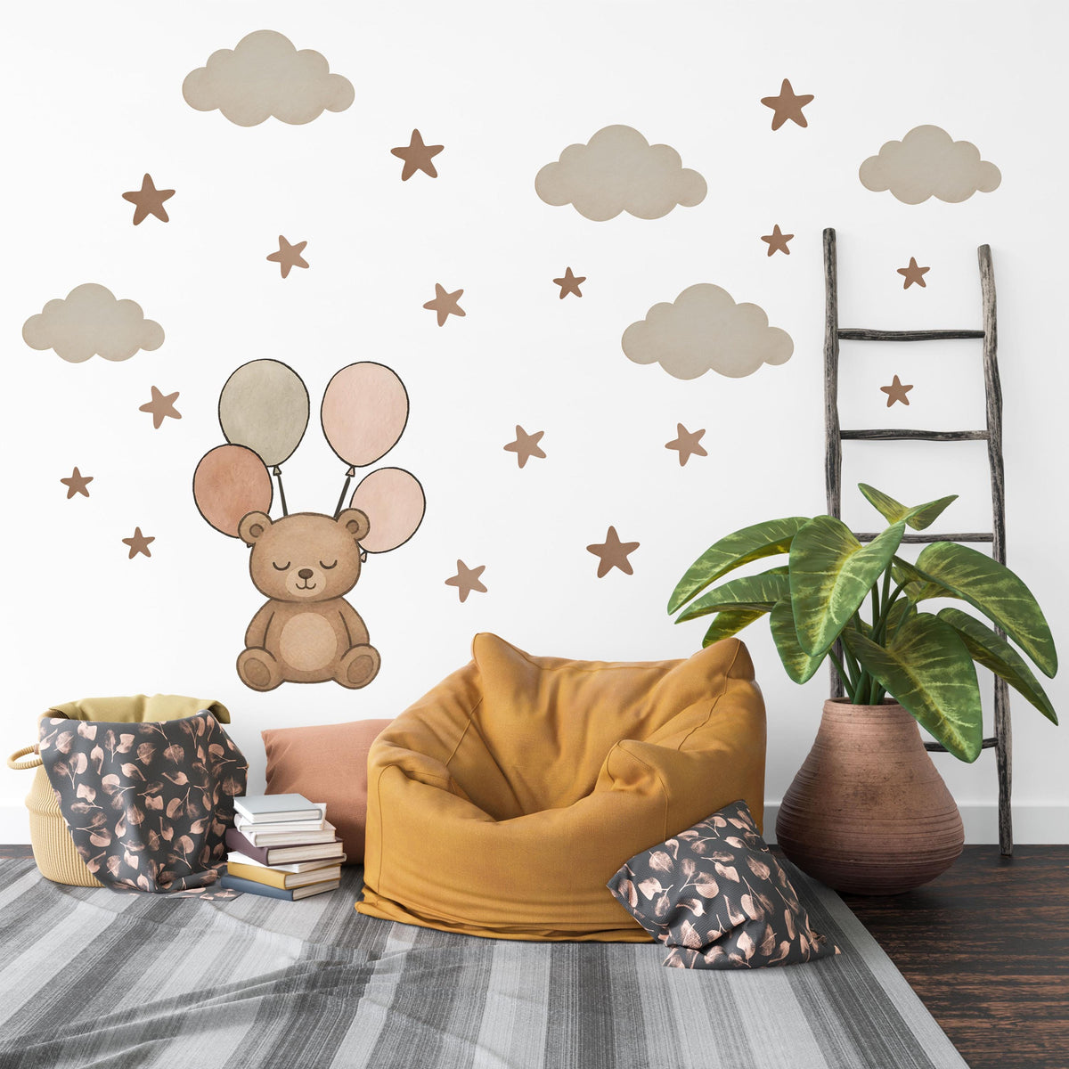 Teddy Bear Wall Stickers, Teddy Bear Balloon Nursery Decor, Cloud Star Wall Decals, Neutral Kids Room Baby Peel and Stick Wall Art