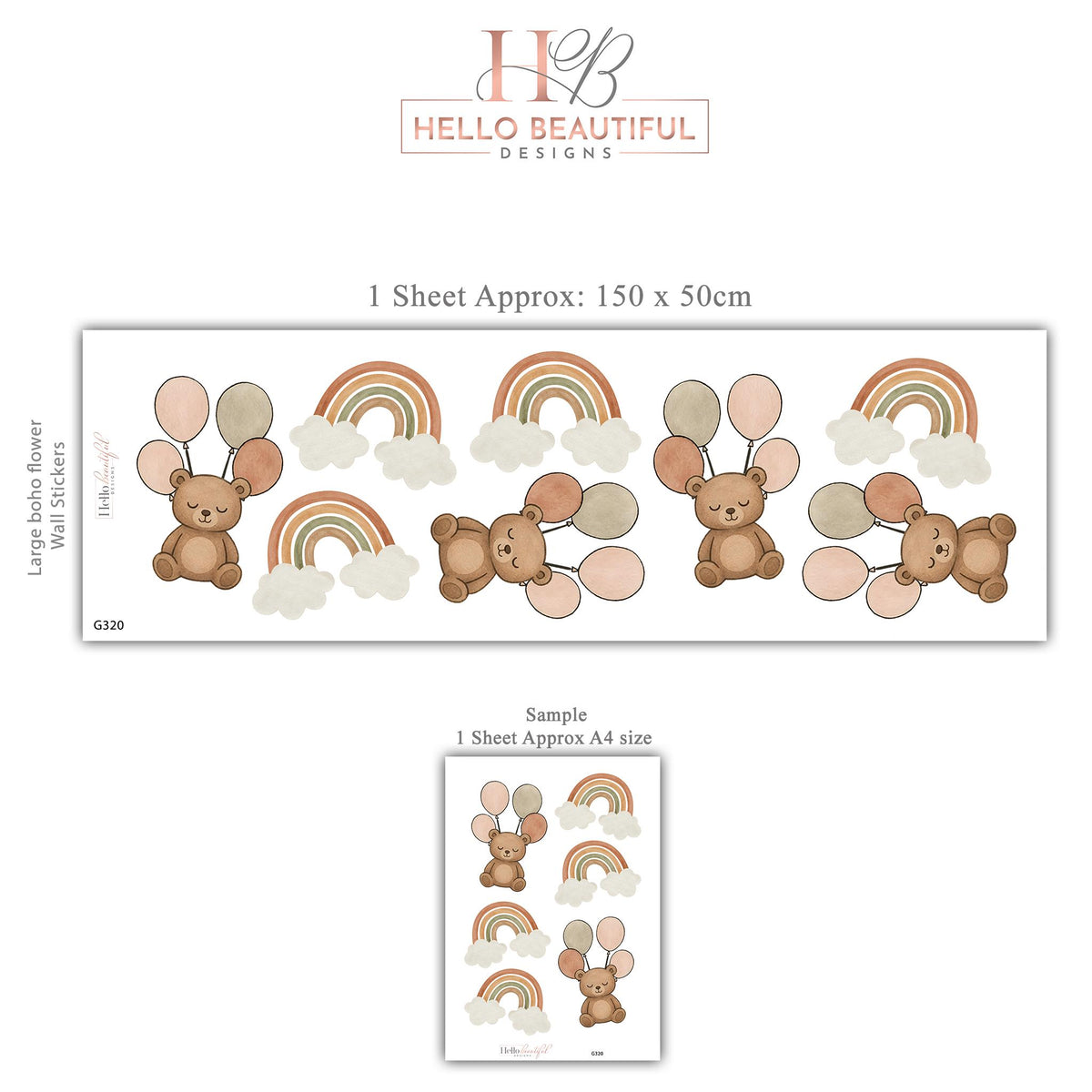 Teddy Bear Wall Stickers, Boho Bear Rainbow Nursery Decor, Balloon Cloud Wall Decals, Neutral Kids Room Baby Peel and Stick Wall Art