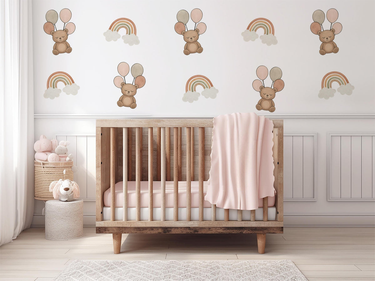 Teddy Bear Wall Stickers, Boho Bear Rainbow Nursery Decor, Balloon Cloud Wall Decals, Neutral Kids Room Baby Peel and Stick Wall Art