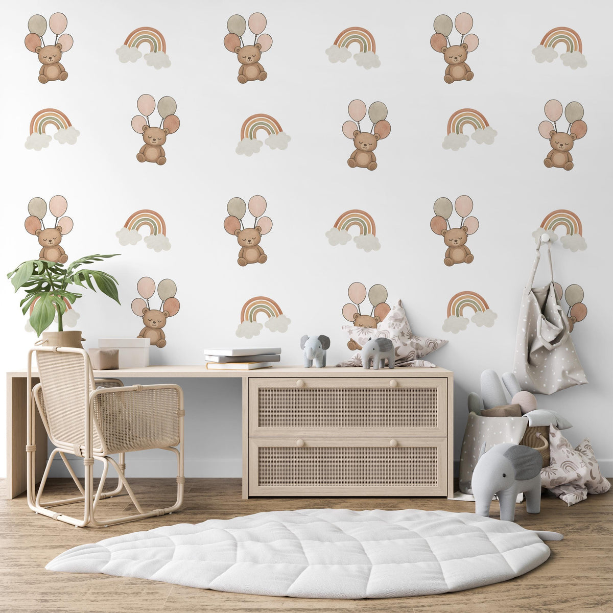 Teddy Bear Wall Stickers, Boho Bear Rainbow Nursery Decor, Balloon Cloud Wall Decals, Neutral Kids Room Baby Peel and Stick Wall Art