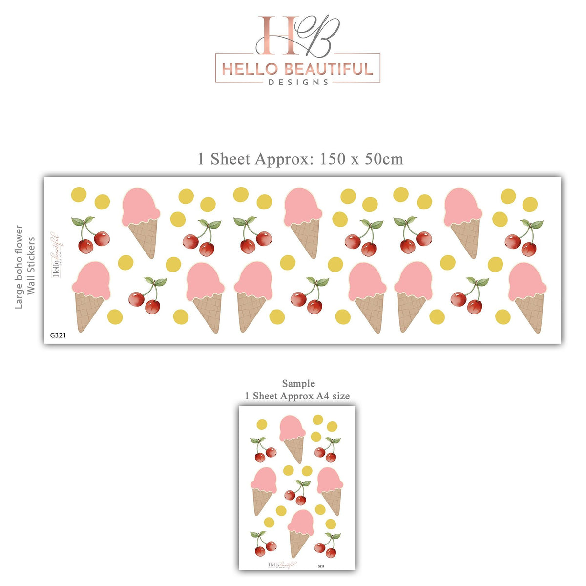 Ice Cream Wall Stickers, Pink Ice Cream Cherry Nursery Decor, Fruit Dot Wall Decals, Girls Kids Room Playroom Peel and Stick Wall Art
