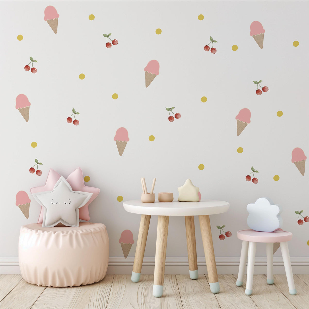 Ice Cream Wall Stickers, Pink Ice Cream Cherry Nursery Decor, Fruit Dot Wall Decals, Girls Kids Room Playroom Peel and Stick Wall Art