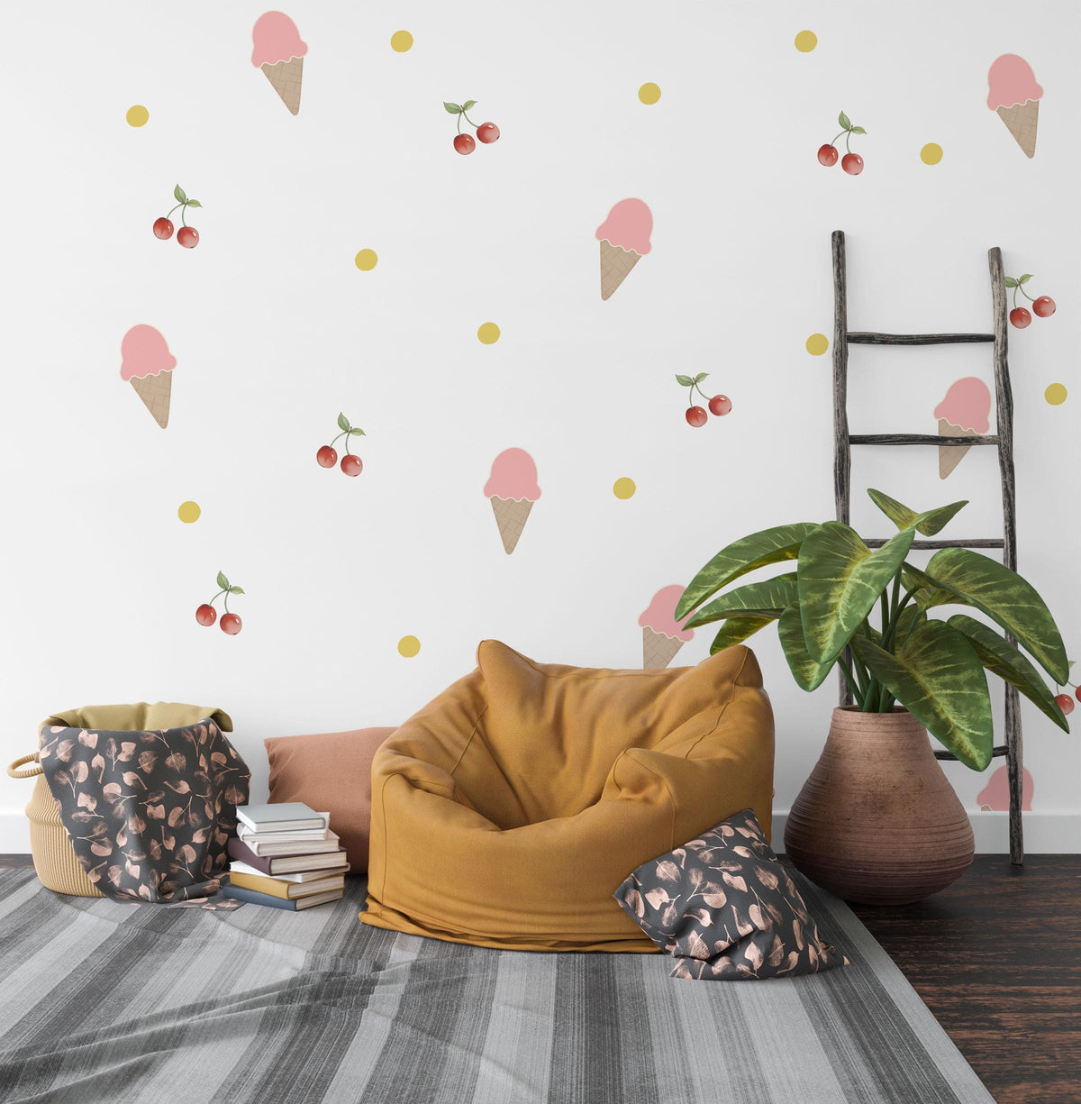 Ice Cream Wall Stickers, Pink Ice Cream Cherry Nursery Decor, Fruit Dot Wall Decals, Girls Kids Room Playroom Peel and Stick Wall Art