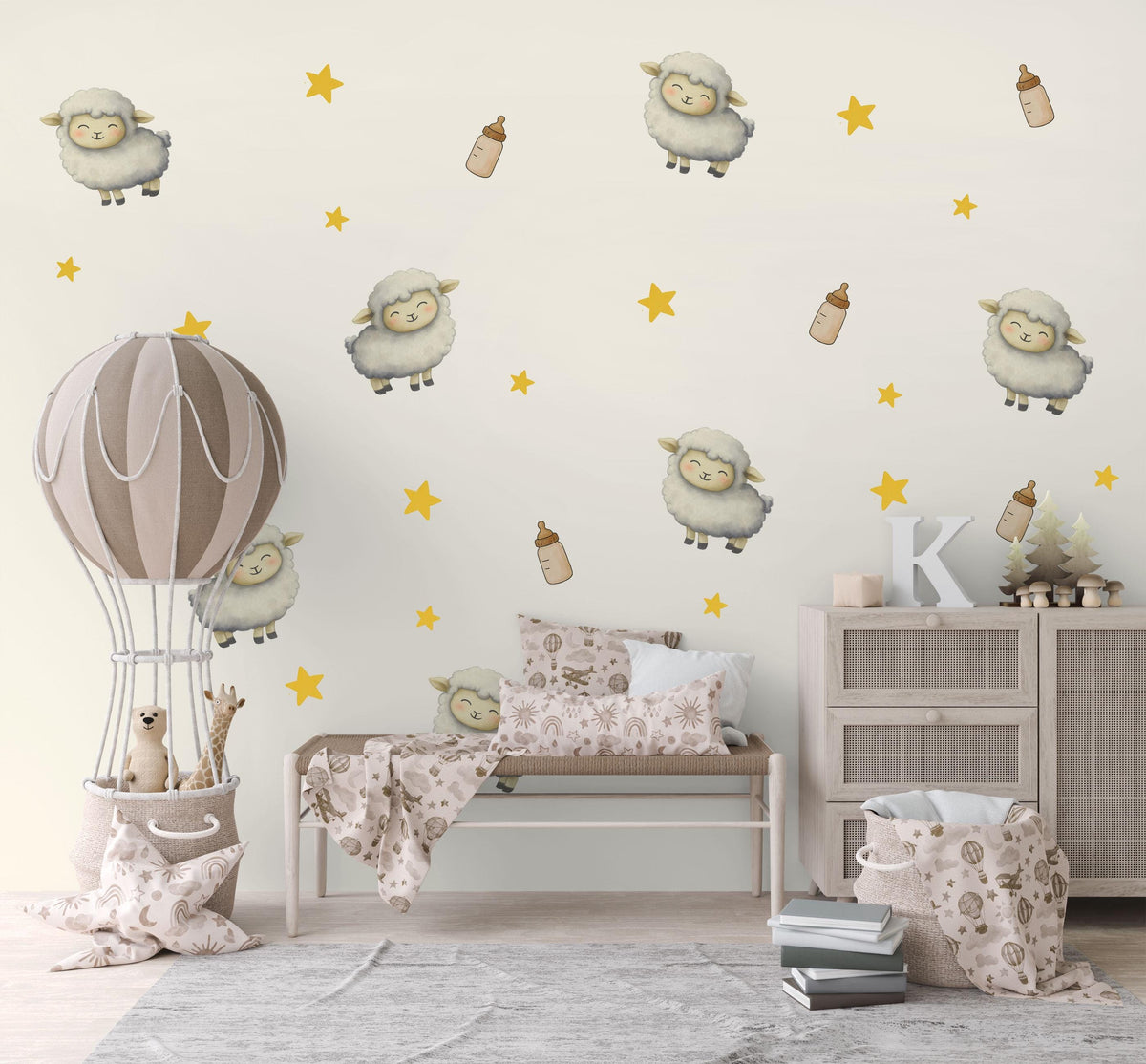 Sheep Wall Stickers, Lamb Nursery Decor, Counting Sheep Star Wall Decals, Gender Neutral Kids Room Baby Peel and Stick Wall Art