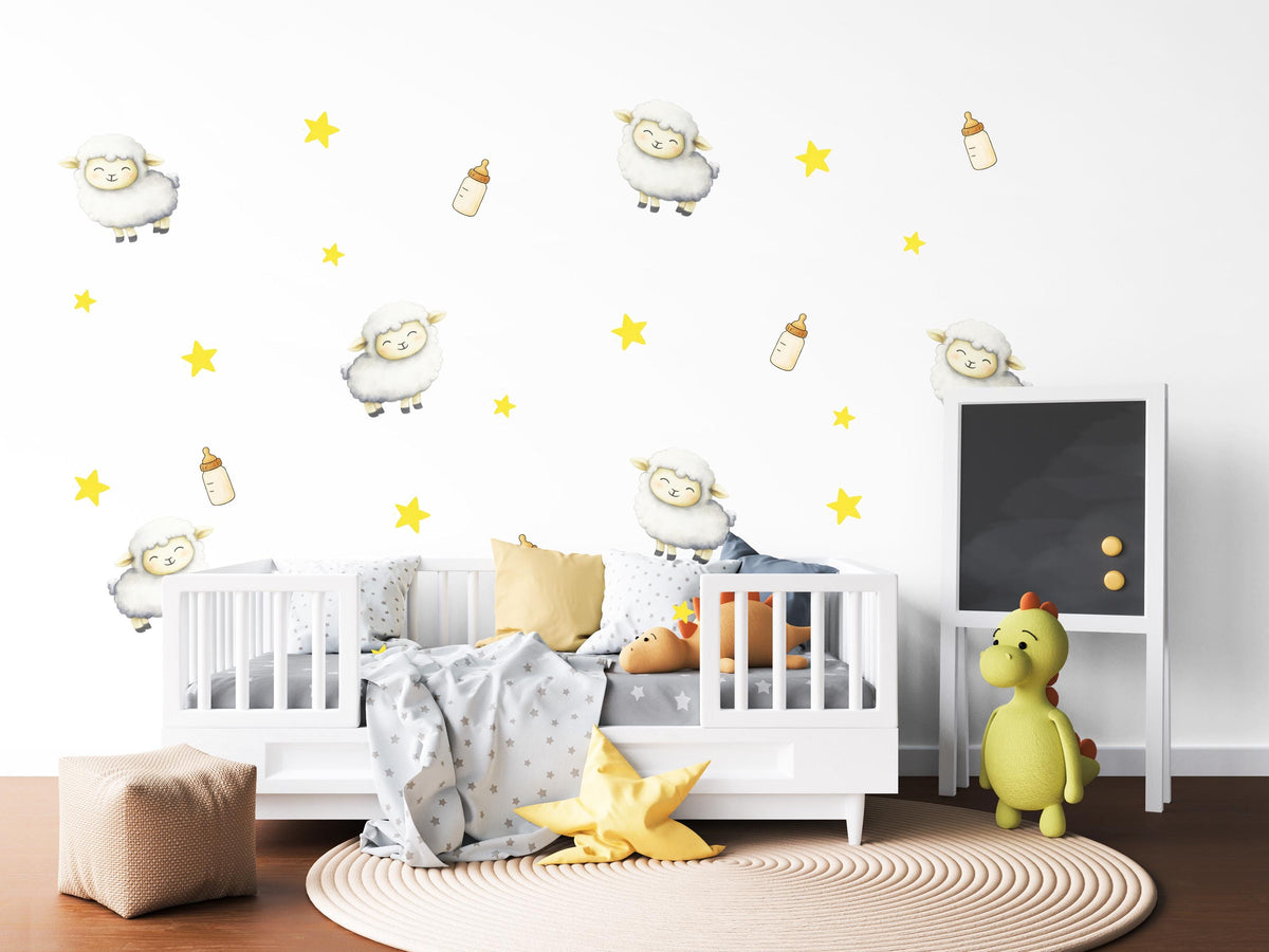 Sheep Wall Stickers, Lamb Nursery Decor, Counting Sheep Star Wall Decals, Gender Neutral Kids Room Baby Peel and Stick Wall Art
