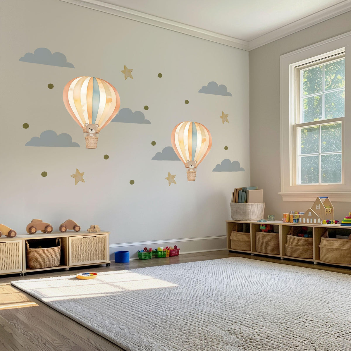 Hot Air Balloon Wall Stickers, Teddy Bear Nursery Decor, Cloud Star Wall Decals, Gender Neutral Kids Room Baby Peel and Stick Art