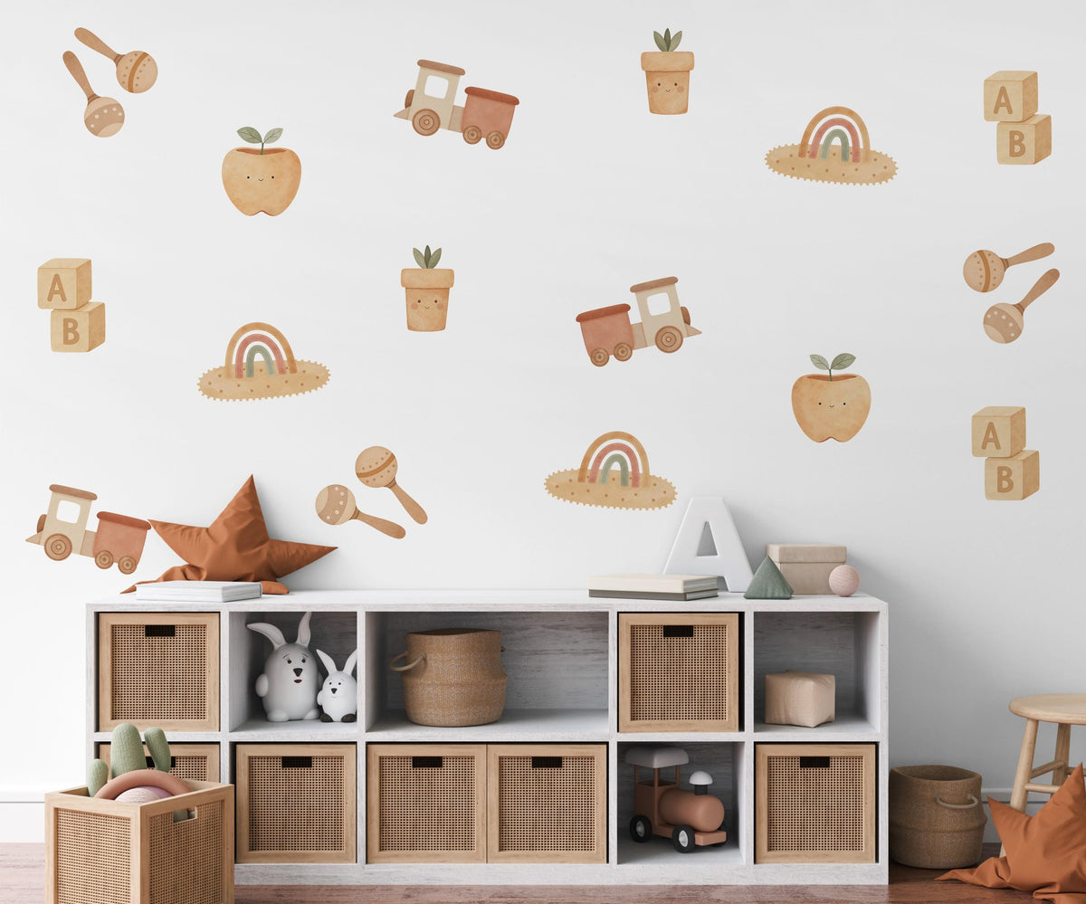Boho Wall Stickers, Neutral Baby Toy Nursery Decor, Train Blocks Rainbow Wall Decals, Gender Neutral Kids Room Peel and Stick Art