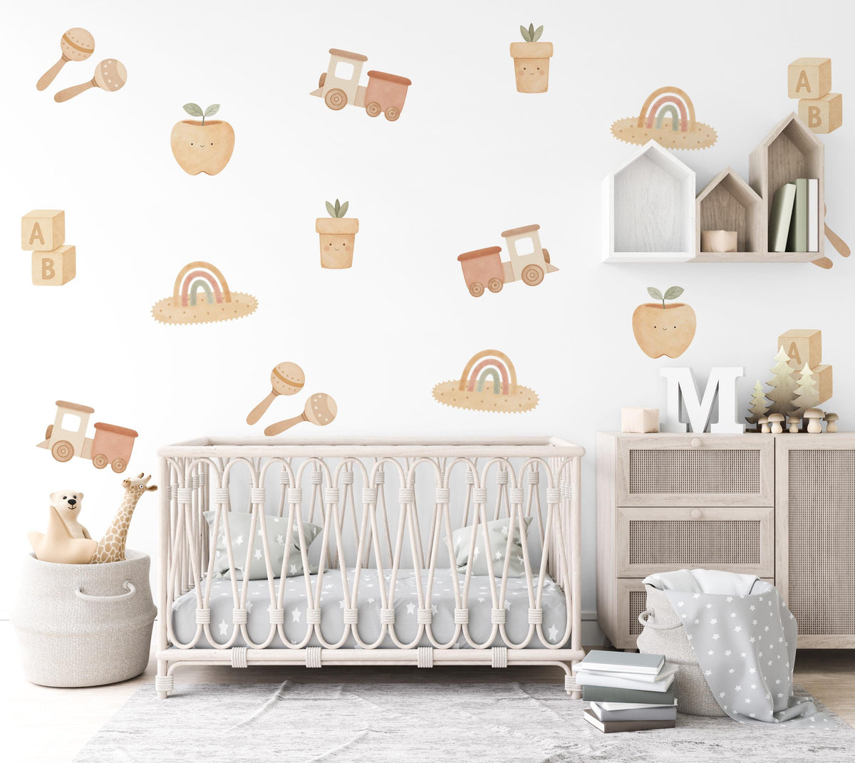 Boho Wall Stickers, Neutral Baby Toy Nursery Decor, Train Blocks Rainbow Wall Decals, Gender Neutral Kids Room Peel and Stick Art