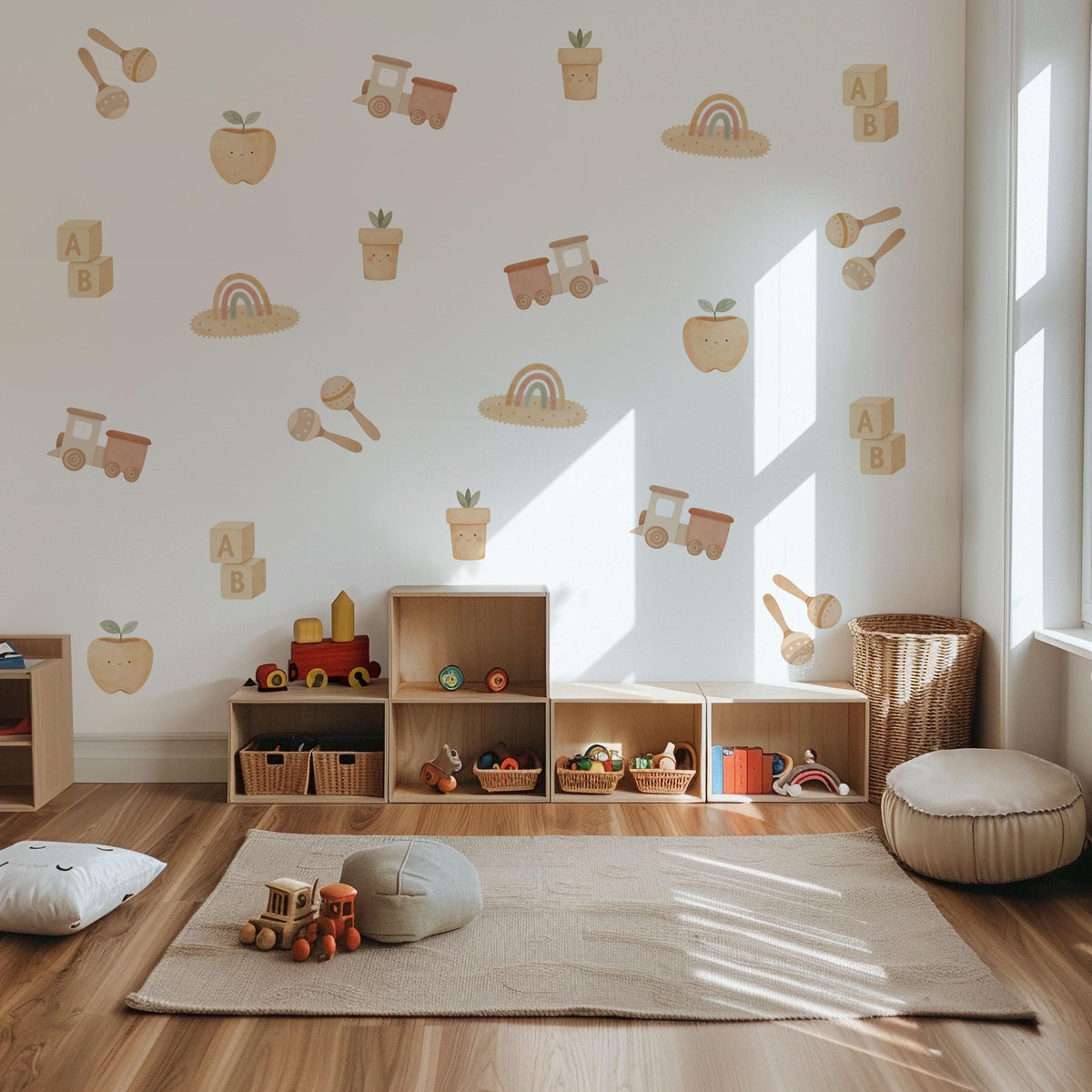 Boho Wall Stickers, Neutral Baby Toy Nursery Decor, Train Blocks Rainbow Wall Decals, Gender Neutral Kids Room Peel and Stick Art