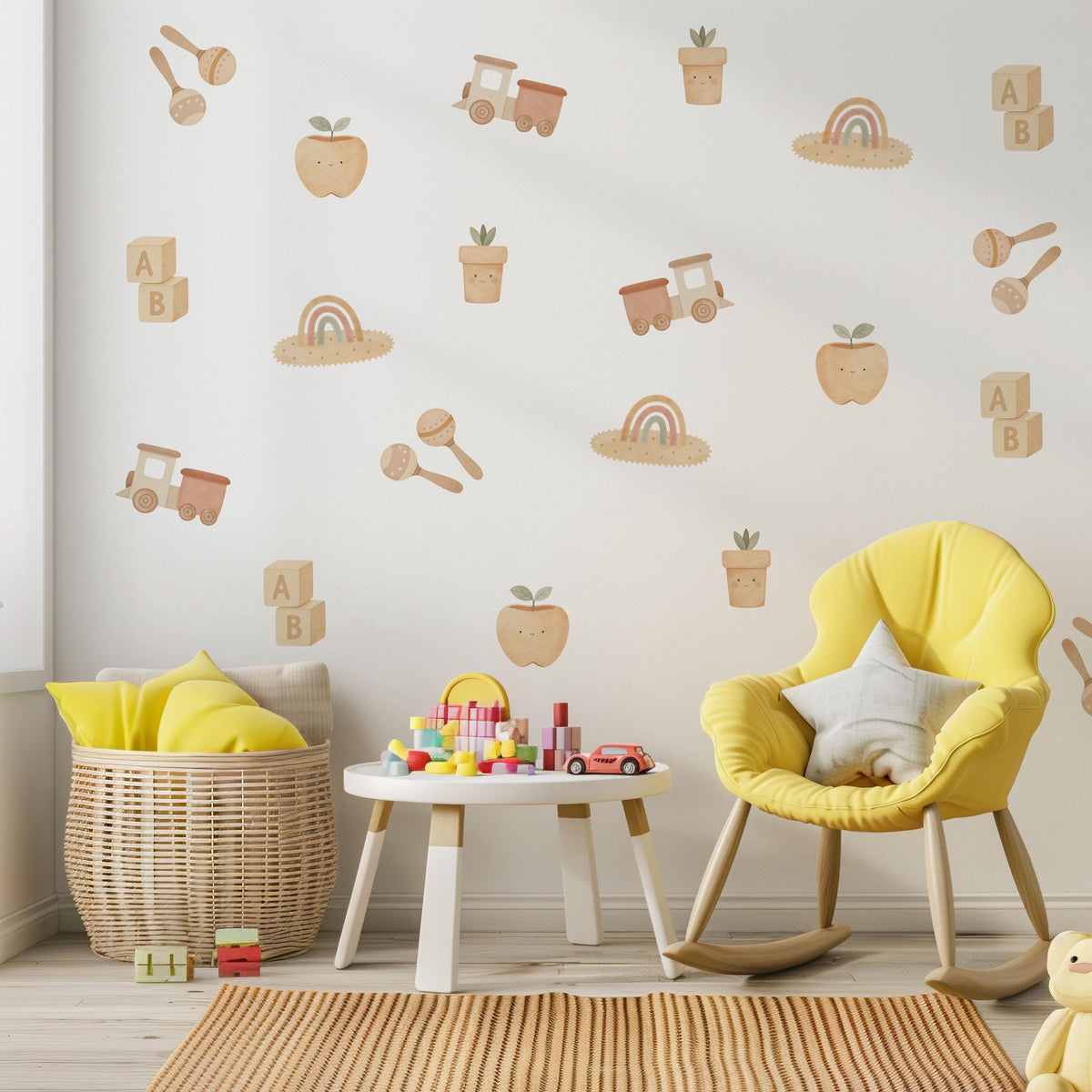 Boho Wall Stickers, Neutral Baby Toy Nursery Decor, Train Blocks Rainbow Wall Decals, Gender Neutral Kids Room Peel and Stick Art