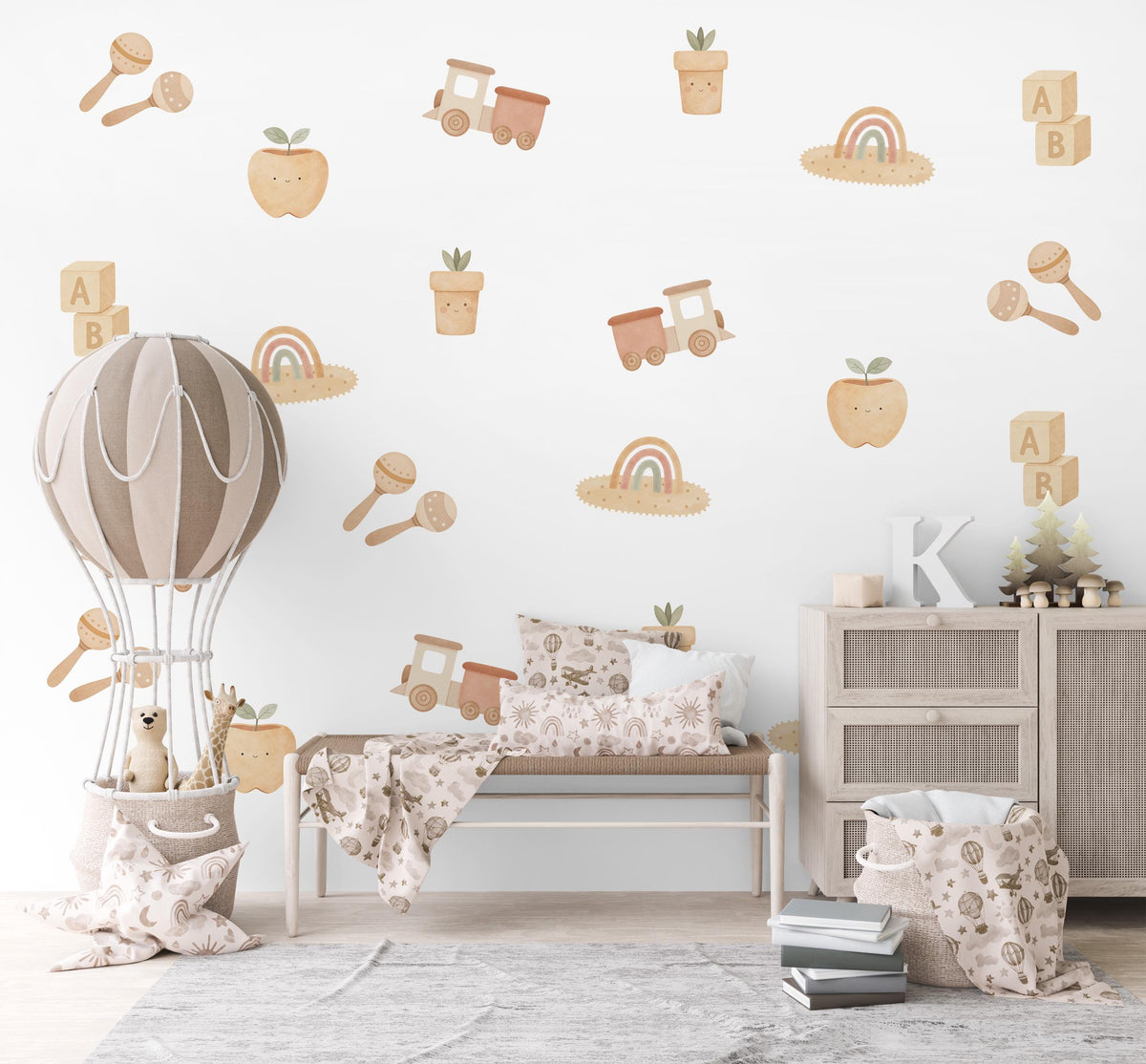 Boho Wall Stickers, Neutral Baby Toy Nursery Decor, Train Blocks Rainbow Wall Decals, Gender Neutral Kids Room Peel and Stick Art