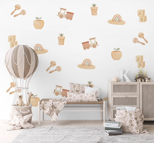Boho Wall Stickers, Neutral Baby Toy Nursery Decor, Train Blocks Rainbow Wall Decals, Gender Neutral Kids Room Peel and Stick Art