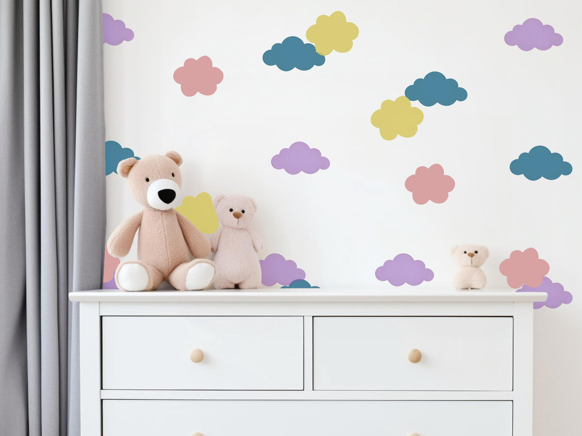 Cloud Wall Stickers, Colourful Cloud Nursery Decor, Pastel Cloud Wall Decals, Gender Neutral Kids Room Playroom Peel and Stick Art