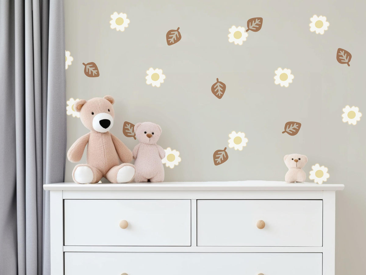Daisy Wall Stickers, Boho Flower Nursery Decor, Neutral Leaf Floral Wall Decals, Scandi Kids Room Baby Peel and Stick Wall Art