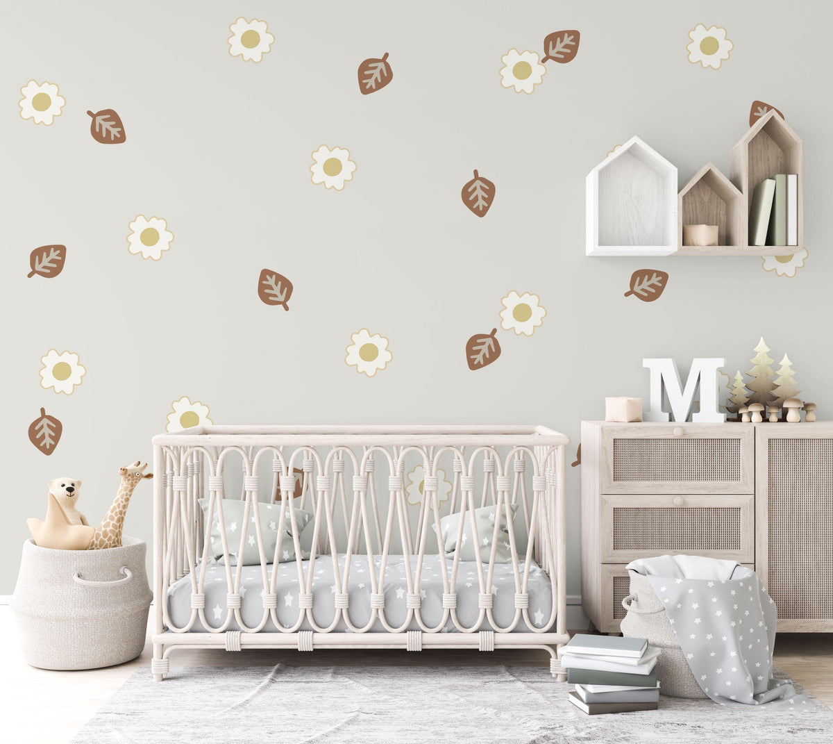 Daisy Wall Stickers, Boho Flower Nursery Decor, Neutral Leaf Floral Wall Decals, Scandi Kids Room Baby Peel and Stick Wall Art