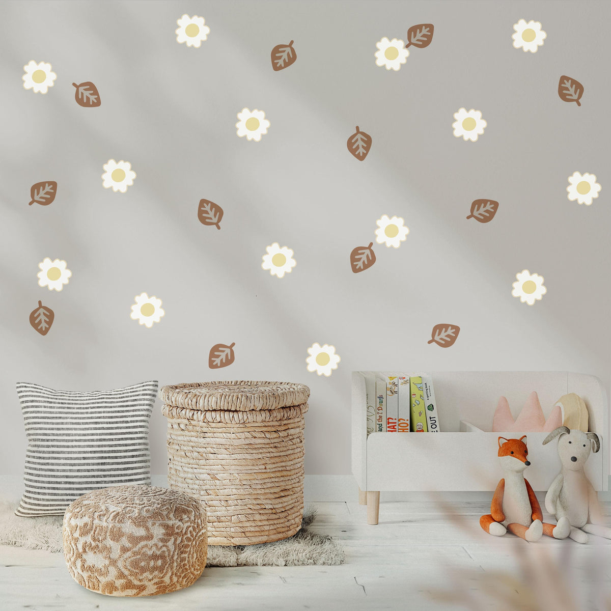 Daisy Wall Stickers, Boho Flower Nursery Decor, Neutral Leaf Floral Wall Decals, Scandi Kids Room Baby Peel and Stick Wall Art