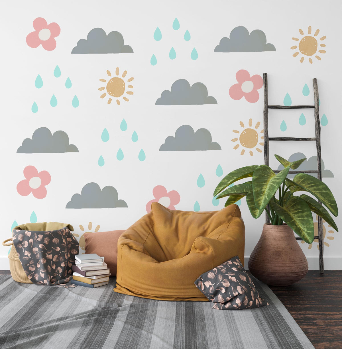 Cloud Sun Wall Stickers, Weather Nursery Decor, Sun Rain Cloud Flower Wall Decals, Gender Neutral Kids Room Peel and Stick Art