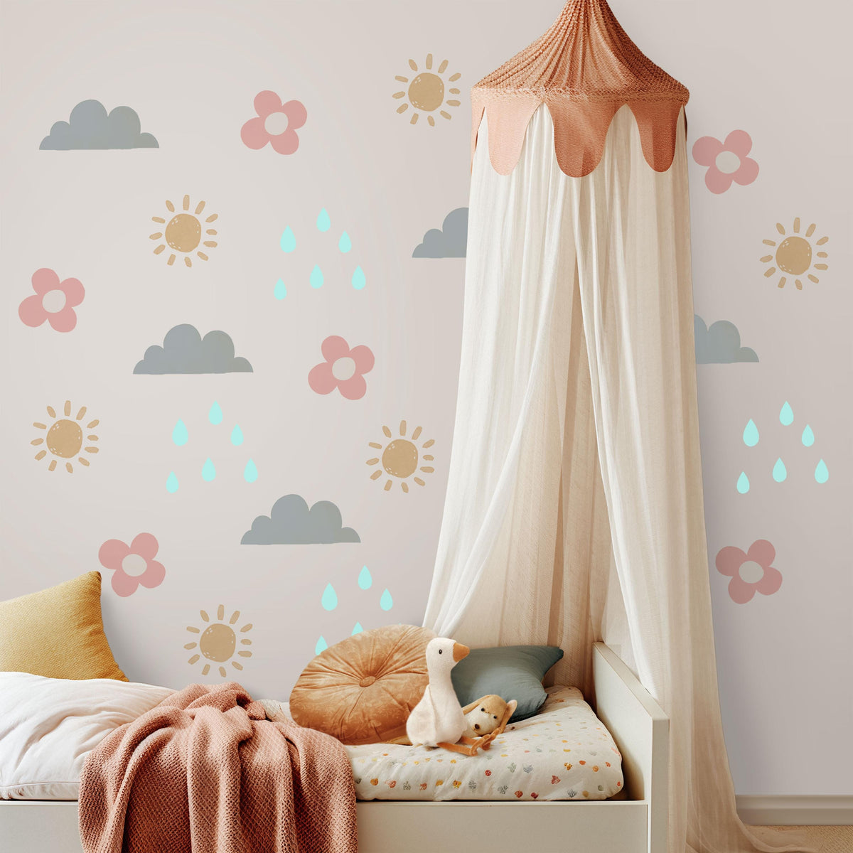 Cloud Sun Wall Stickers, Weather Nursery Decor, Sun Rain Cloud Flower Wall Decals, Gender Neutral Kids Room Peel and Stick Art