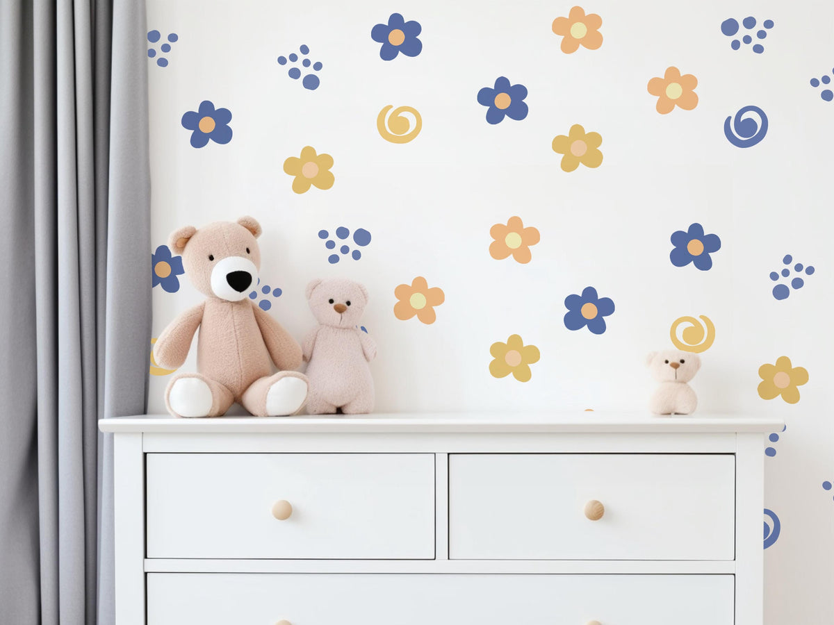 Retro Flower Wall Stickers, Groovy Daisy Nursery Decor, Blue Orange Floral Wall Decals, Kids Room Neutral Peel and Stick Wall Art