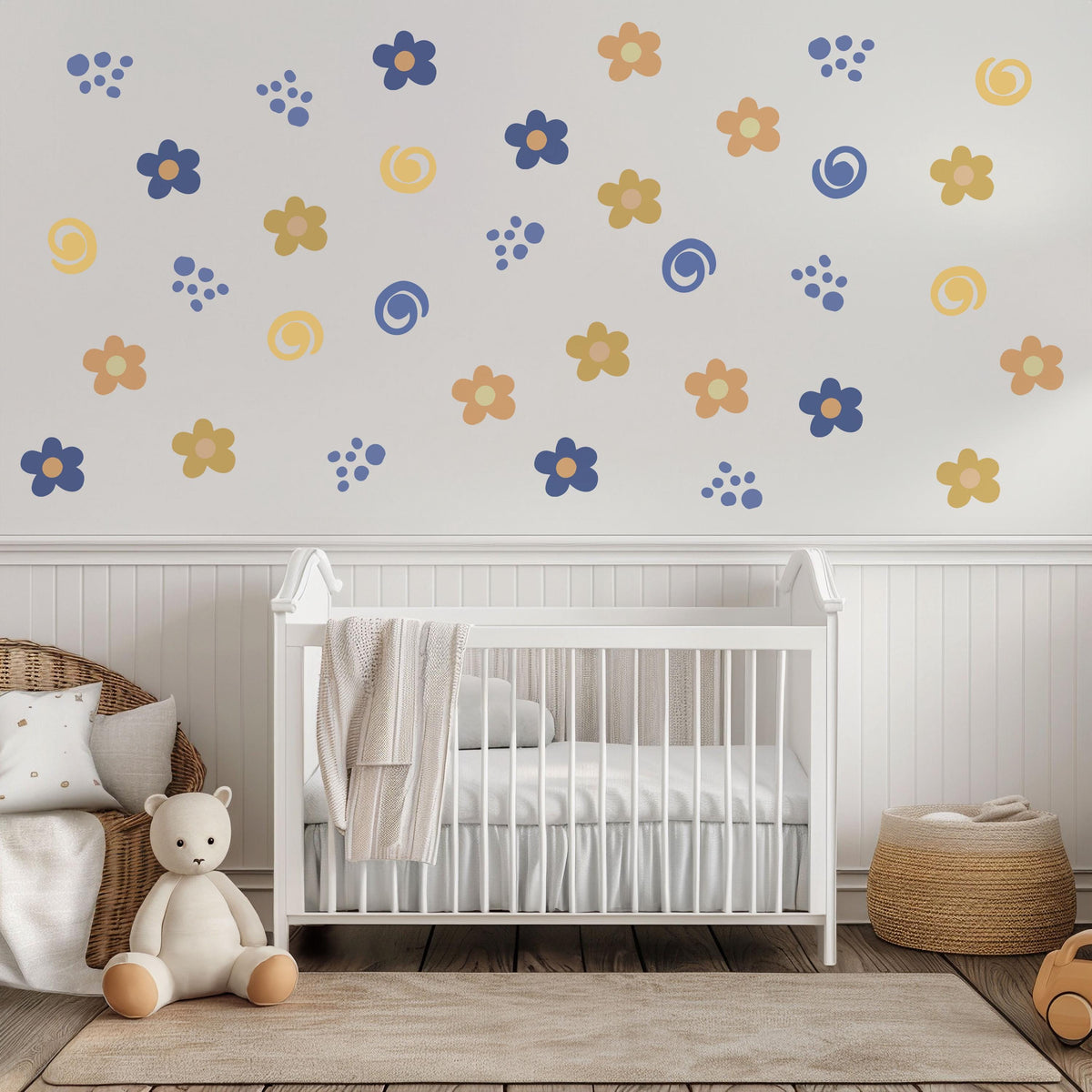 Retro Flower Wall Stickers, Groovy Daisy Nursery Decor, Blue Orange Floral Wall Decals, Kids Room Neutral Peel and Stick Wall Art