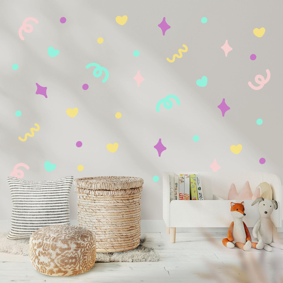 Squiggle Wall Stickers, Pastel Heart and Sparkle Decals, Abstract Confetti Girls Room Decor, Playroom, Peel and Stick